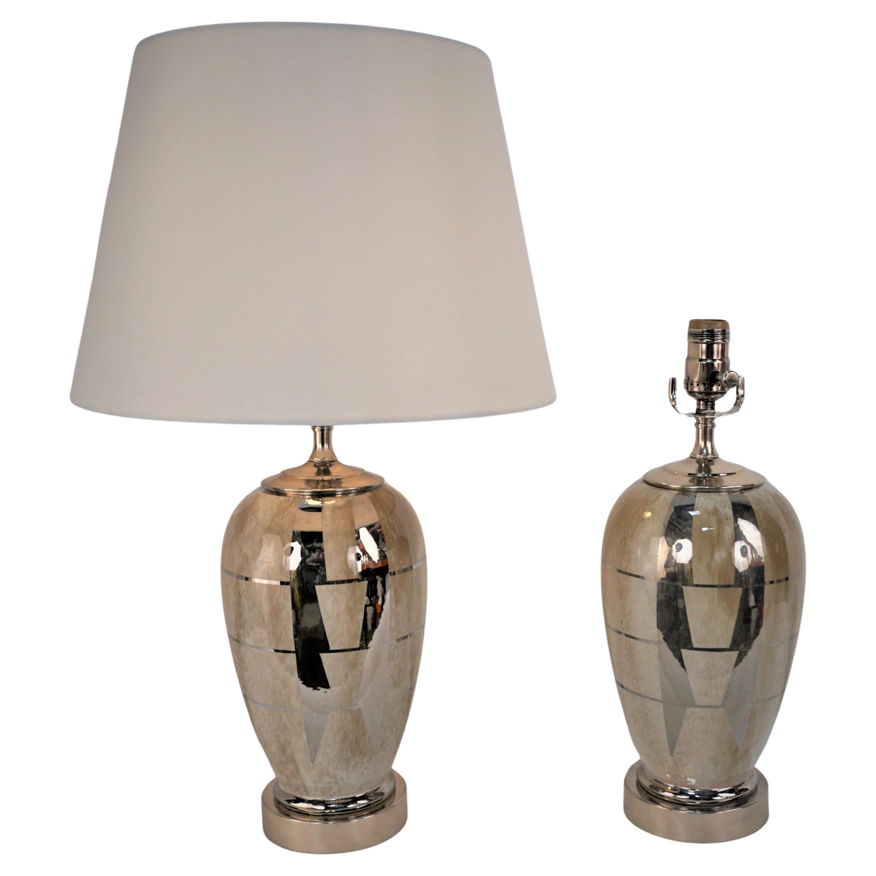 Pair of Art Deco Ceramic Silver and Beige Color Table Lamps For Sale
