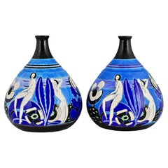 Pair of Art Deco ceramic vase bathing nudes Baigneuses Primavera Longwy 1925