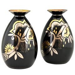 Pair of Art Deco Ceramic Vases Black, Silver and Gold Boch Freres, 1930