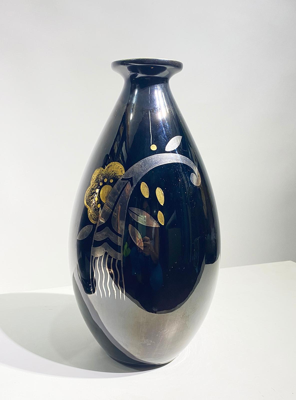 French Pair of Art Deco Ceramic Vases Black Silver and Gold Boch Frères, Belgium, 1931 For Sale