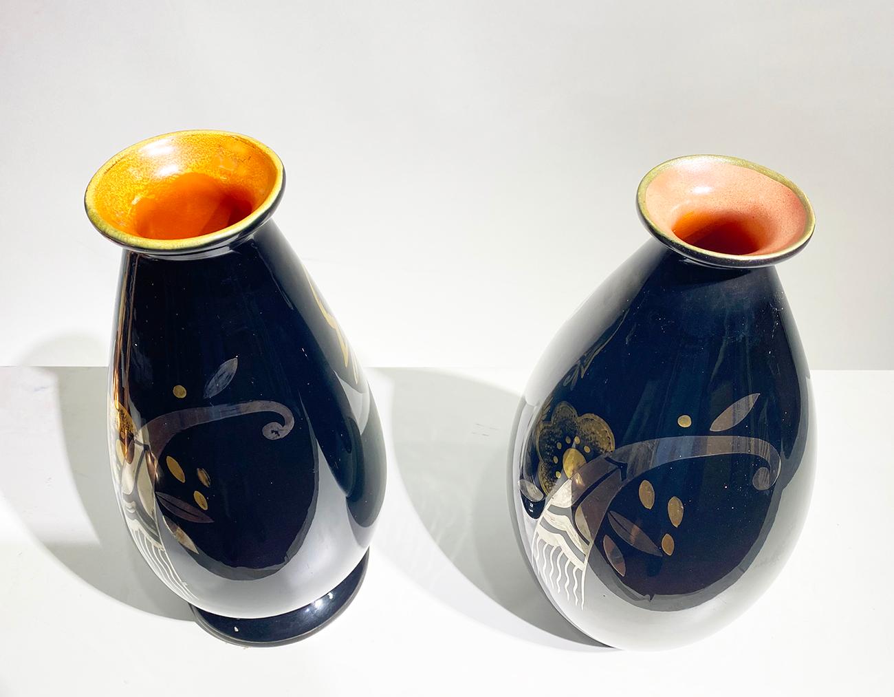 Pair of Art Deco Ceramic Vases Black Silver and Gold Boch Frères, Belgium, 1931 For Sale 2