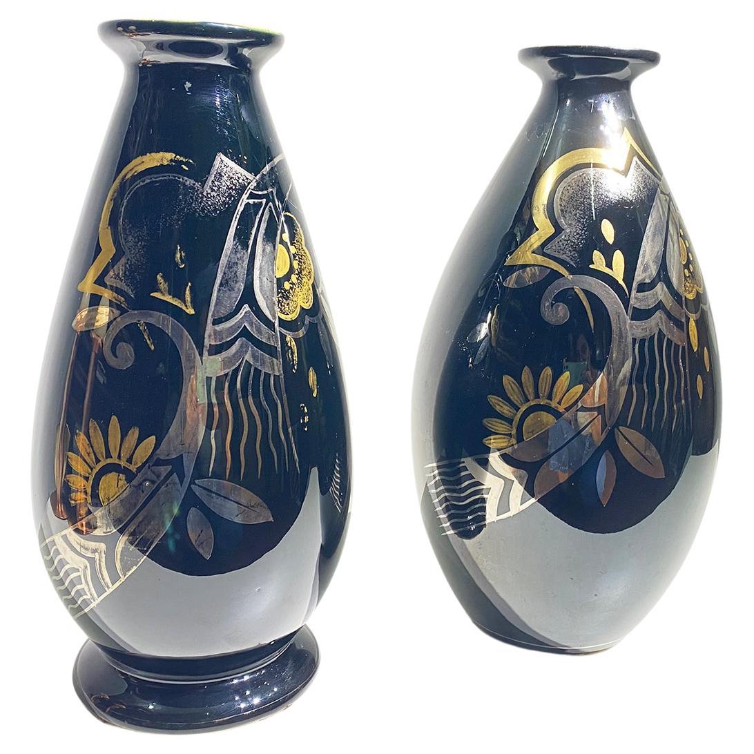 Pair of Art Deco Ceramic Vases Black Silver and Gold Boch Frères, Belgium, 1931
