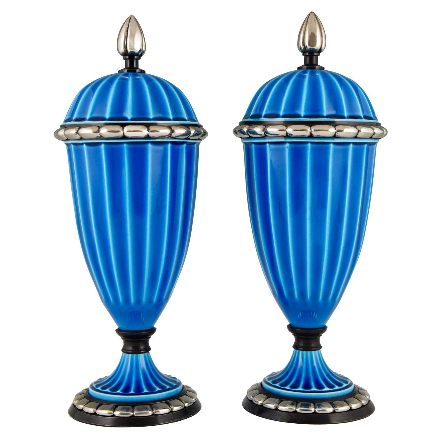 Pair of Art Deco Ceramic Vases or Urns with Blue Glaze Paul Milet for Sèvres