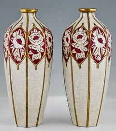 Pair of Art Deco Ceramic Vases Stylized Flowers by Chevalier for Longwy, 1925
