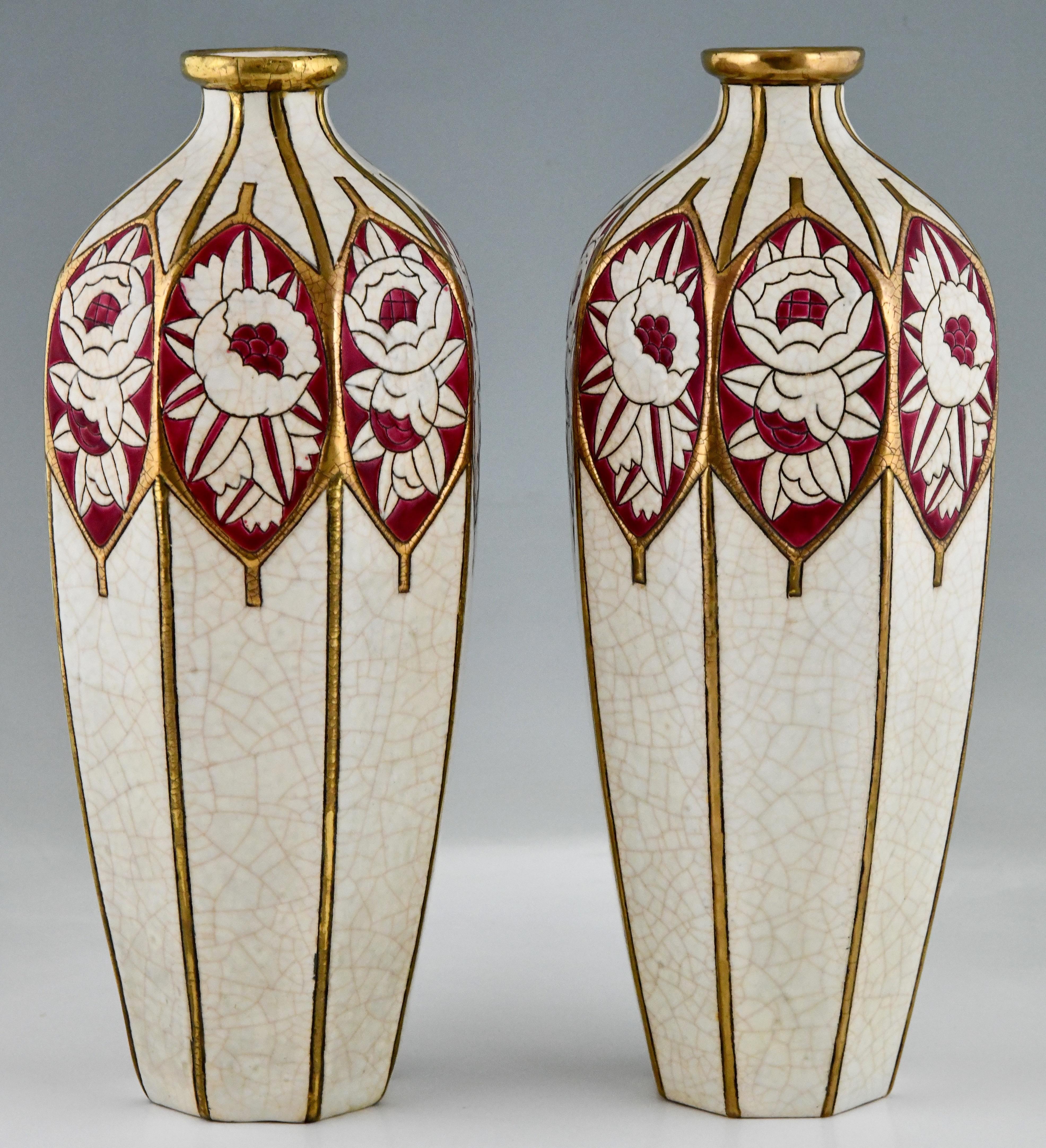 French Pair of Art Deco Ceramic Vases Stylized Flowers by Chevalier for Longwy, 1925