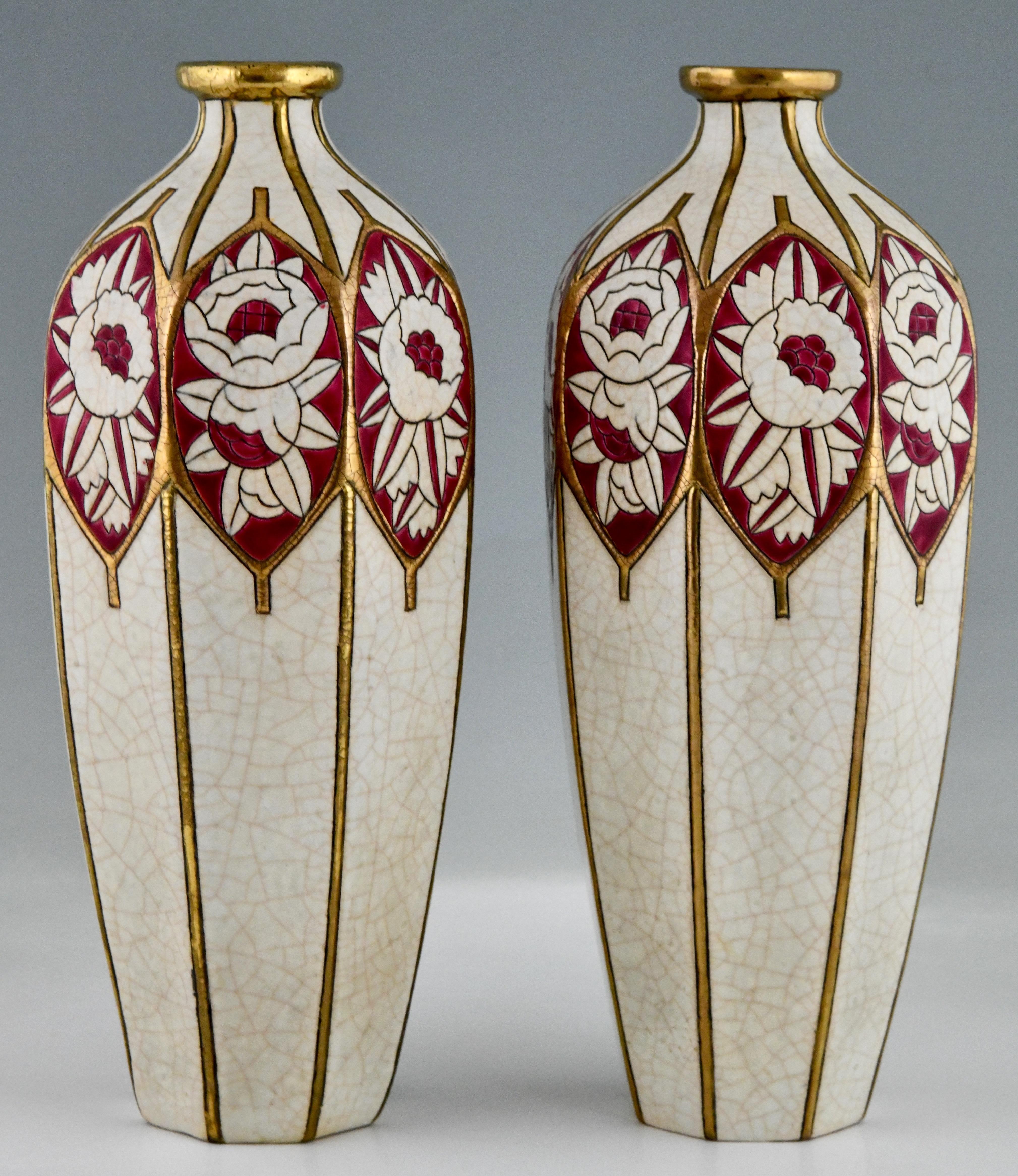 Glazed Pair of Art Deco Ceramic Vases Stylized Flowers by Chevalier for Longwy, 1925