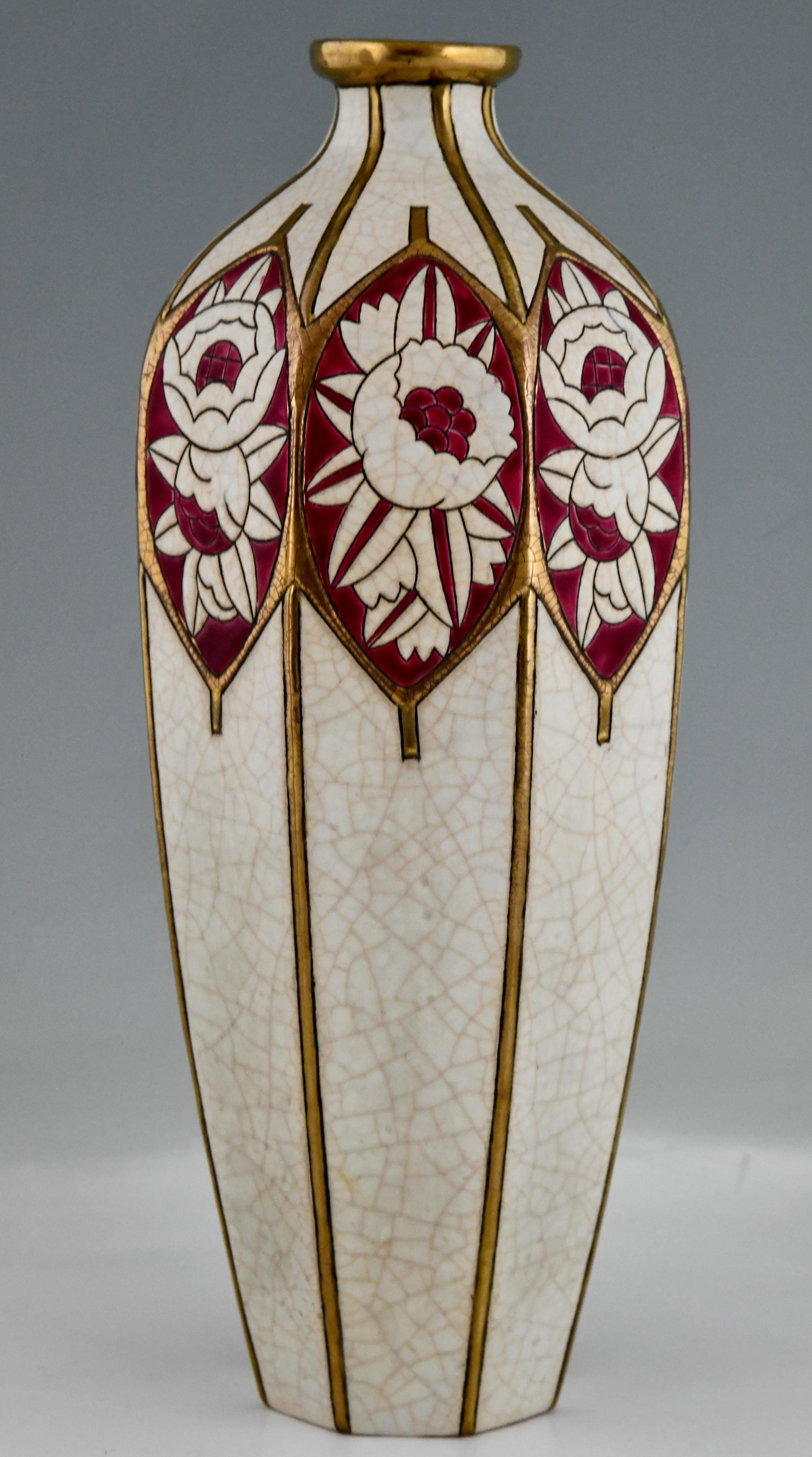 Early 20th Century Pair of Art Deco Ceramic Vases Stylized Flowers by Chevalier for Longwy, 1925