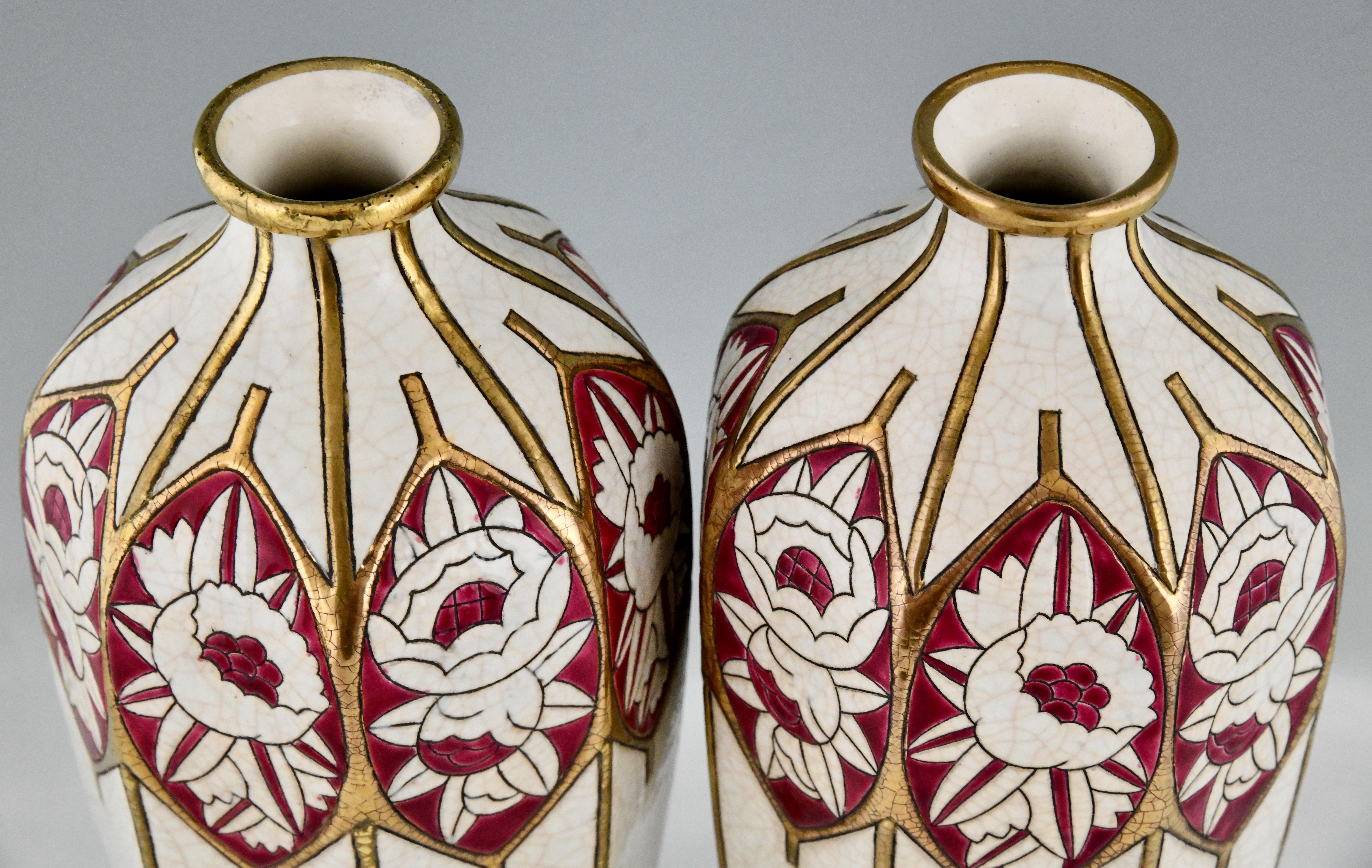 Pair of Art Deco Ceramic Vases Stylized Flowers by Chevalier for Longwy, 1925 1