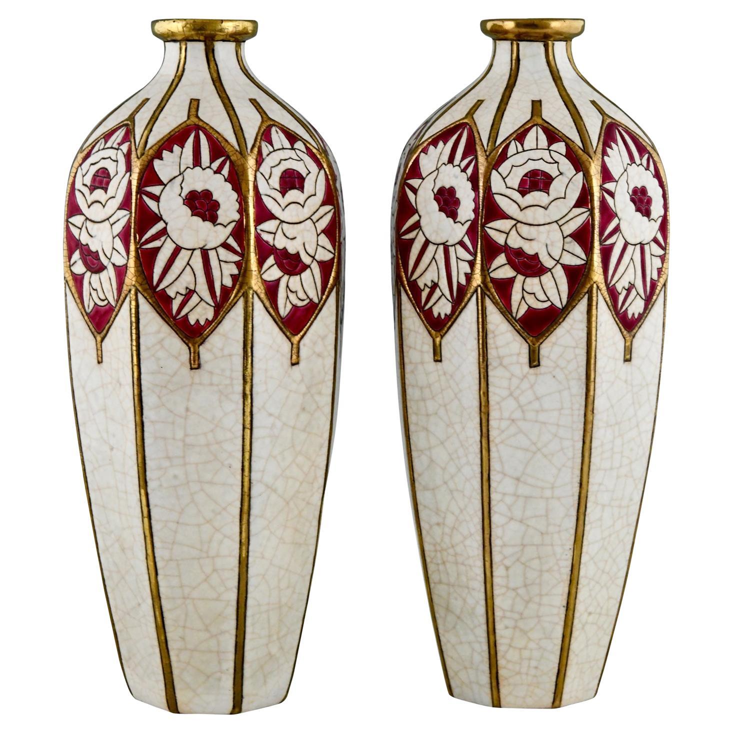 Pair of Art Deco Ceramic Vases Stylized Flowers by Chevalier for Longwy, 1925
