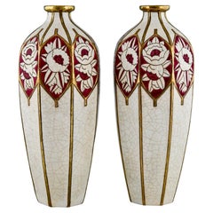 Paire de vases en céramique Art Déco à fleurs stylisées de Chevalier pour Longwy, 1925