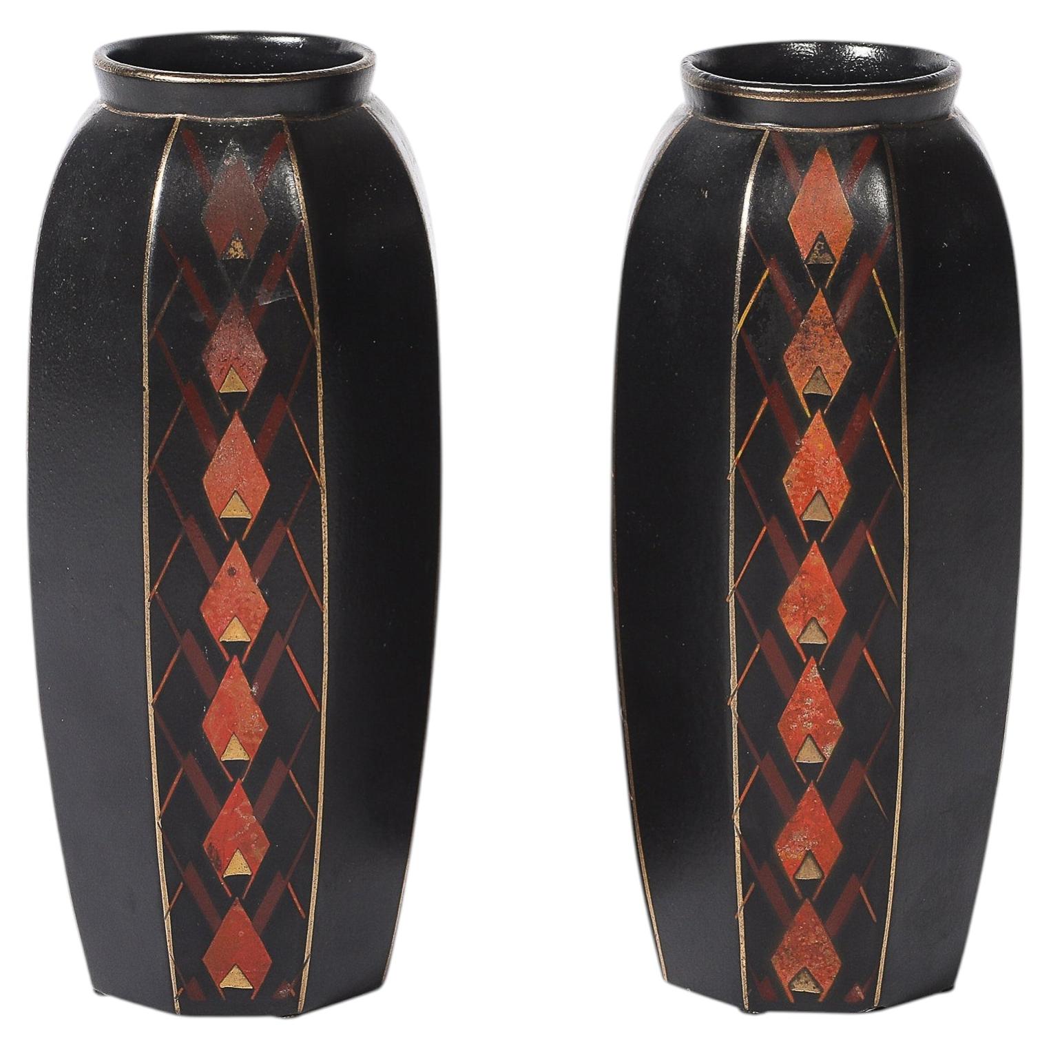 Pair of Art Deco Ceramic Vases w/ Geometric Motifs signed Faincerie St Ghislain
