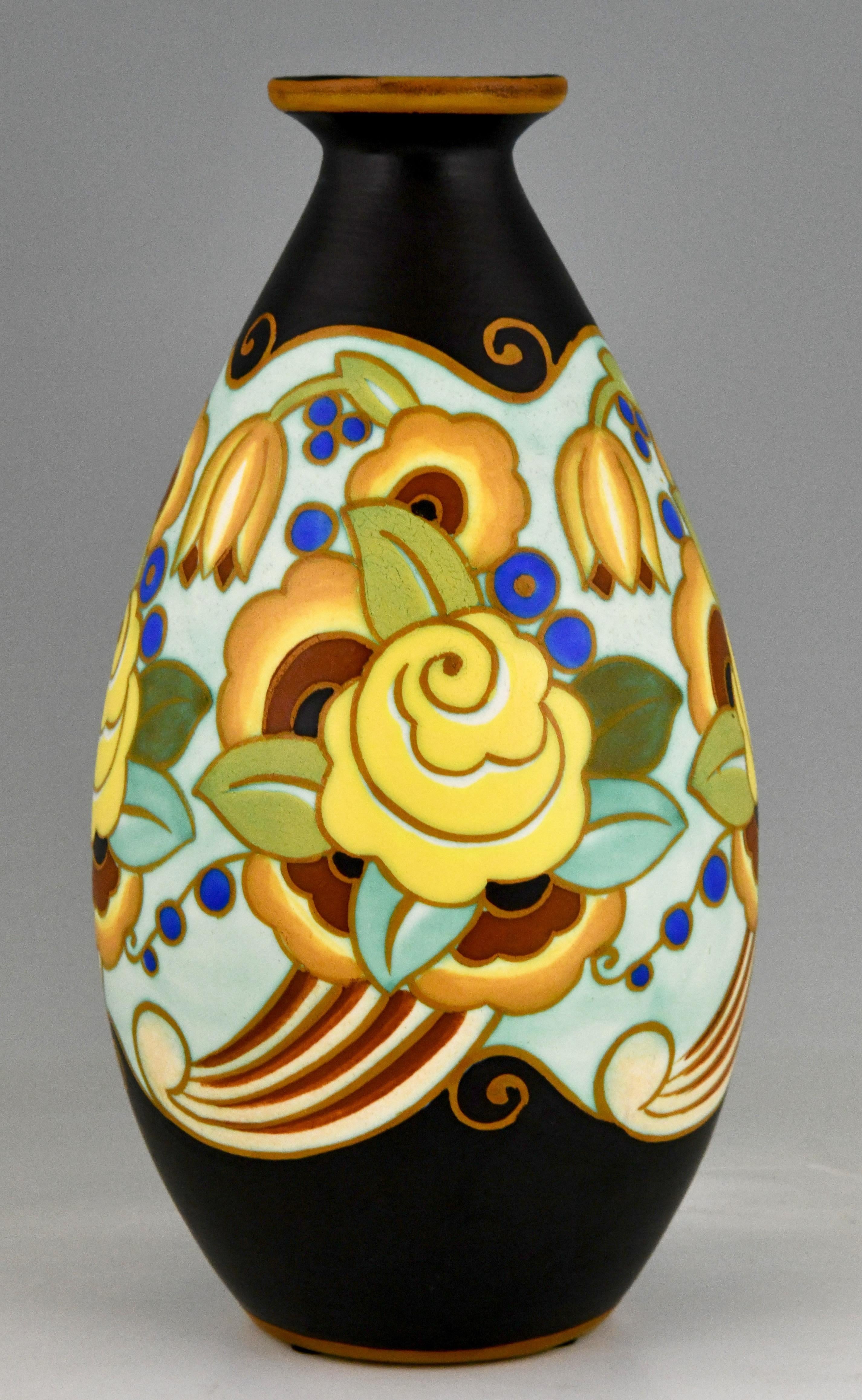 Belgian Pair of Art Deco Ceramic Vases with Flowers by Boch Frères Keramis Belgium, 1931