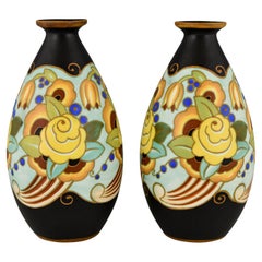 Pair of Art Deco Ceramic Vases with Flowers by Boch Frères Keramis Belgium, 1931