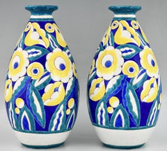 Pair of Art Deco Ceramic Vases with Flowers by Keramis, Belgium 1932