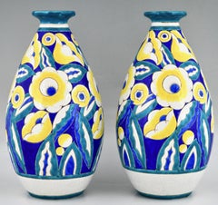 Pair of Art Deco Ceramic Vases with Flowers by Keramis, Belgium 1932