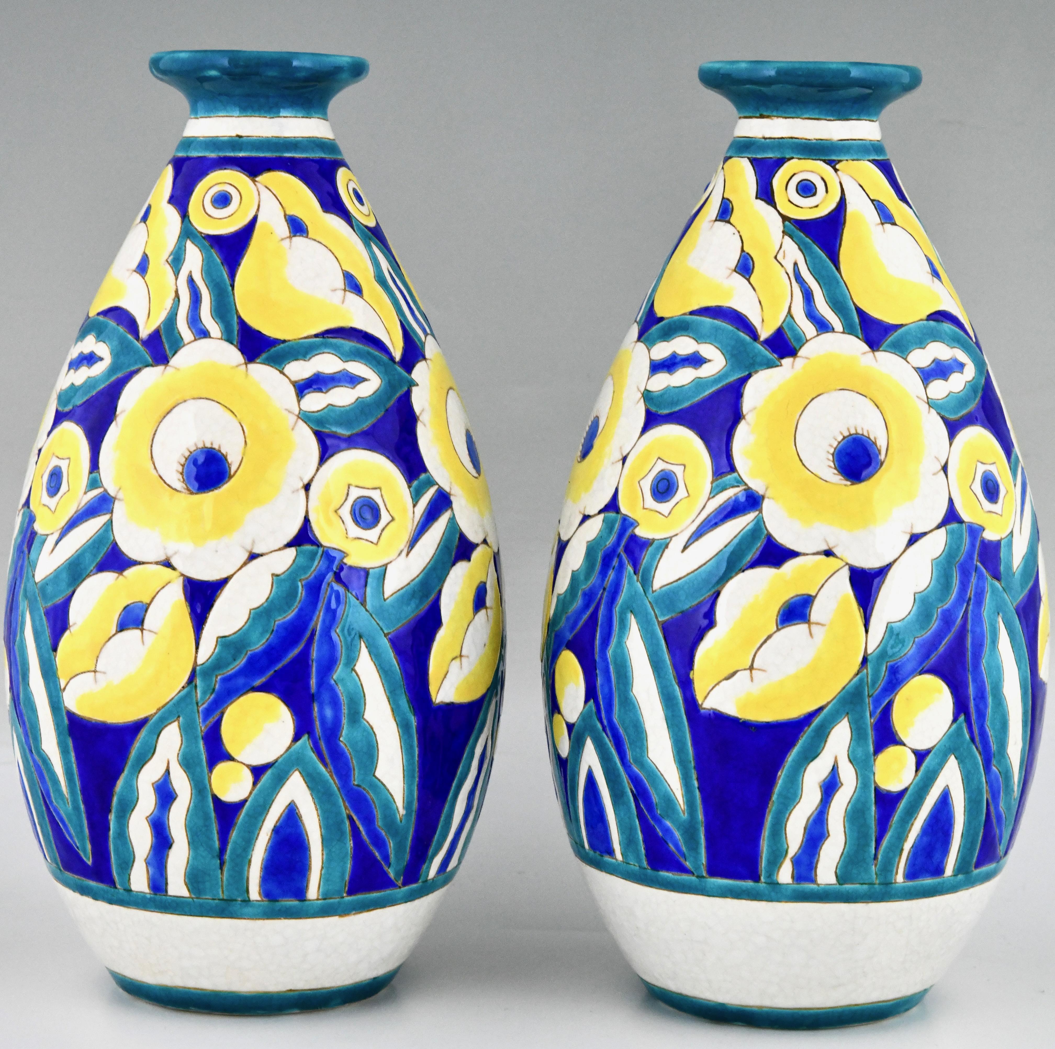 Belgian Pair of Art Deco Ceramic Vases with Flowers by Keramis, Belgium 1932
