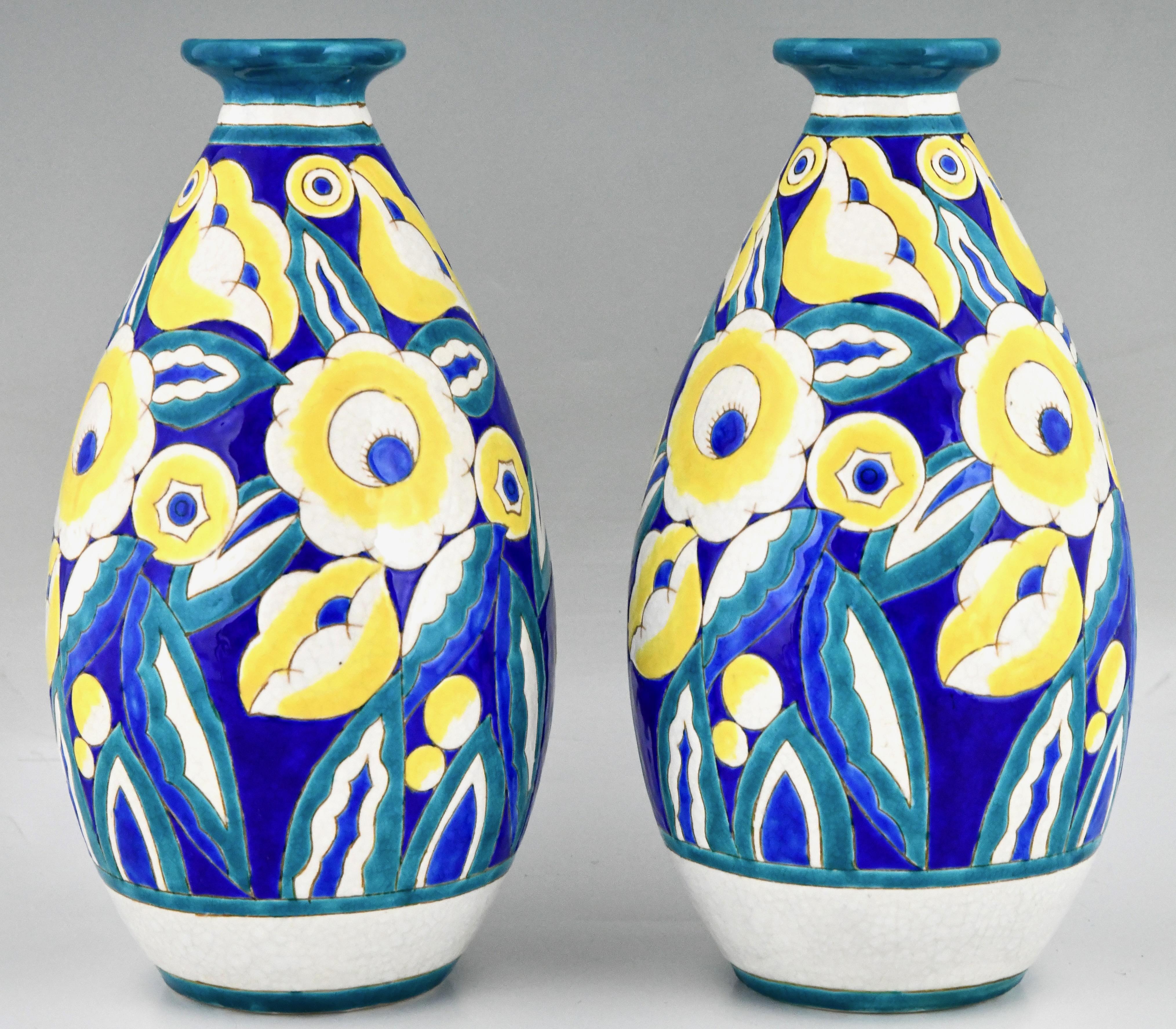 Glazed Pair of Art Deco Ceramic Vases with Flowers by Keramis, Belgium 1932