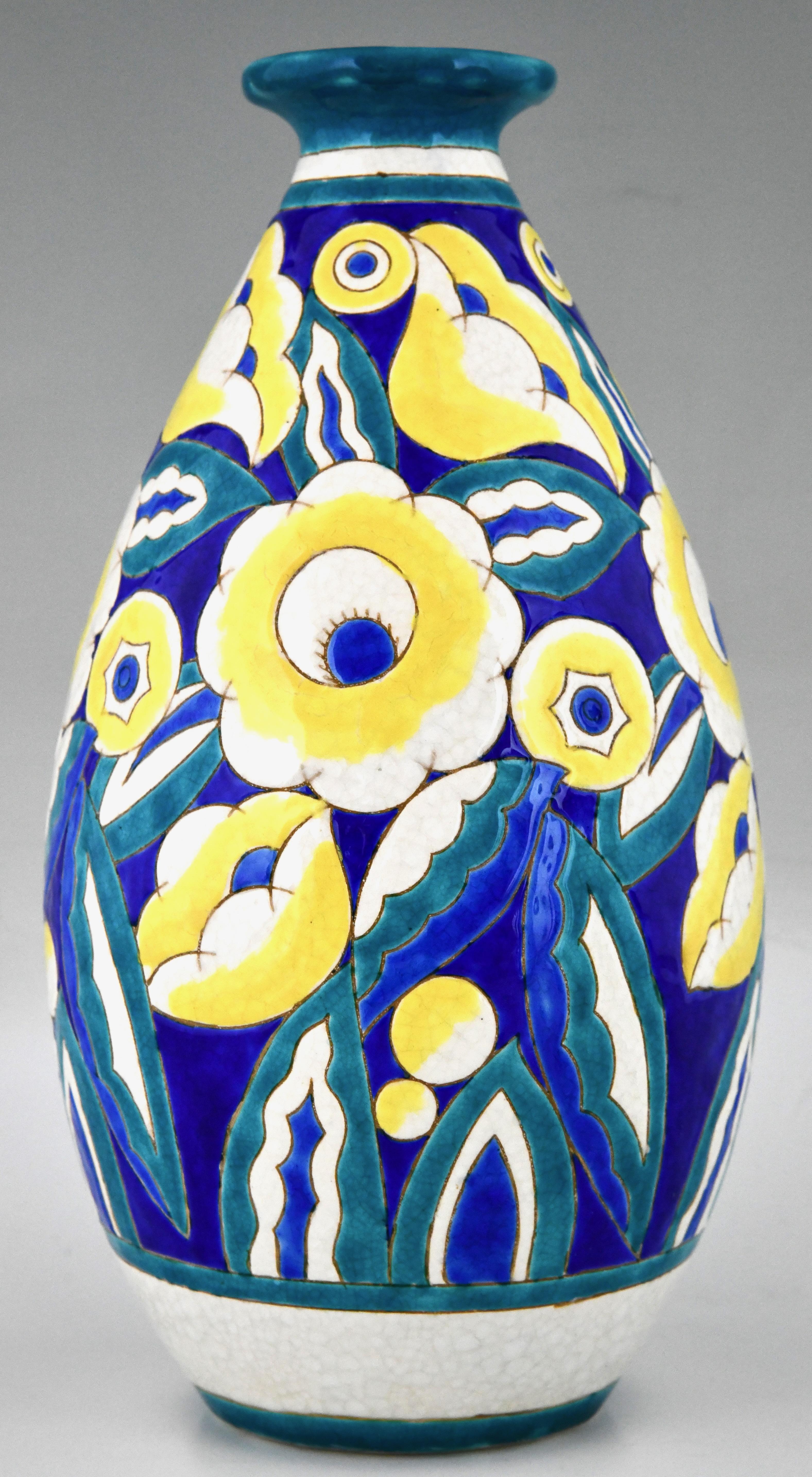 Belgian Pair of Art Deco Ceramic Vases with Flowers by Keramis, Belgium 1932 For Sale