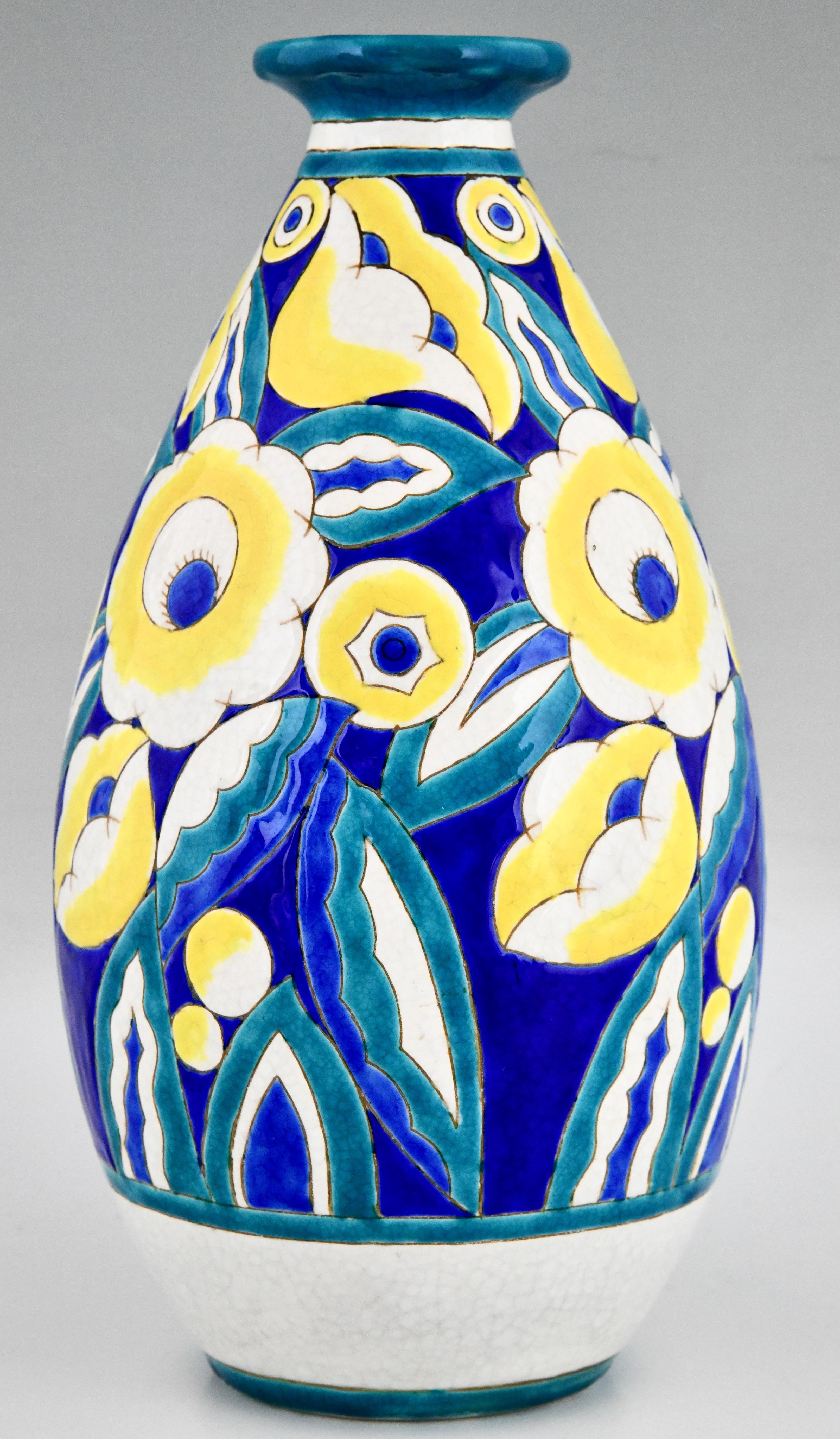 Glazed Pair of Art Deco Ceramic Vases with Flowers by Keramis, Belgium 1932 For Sale