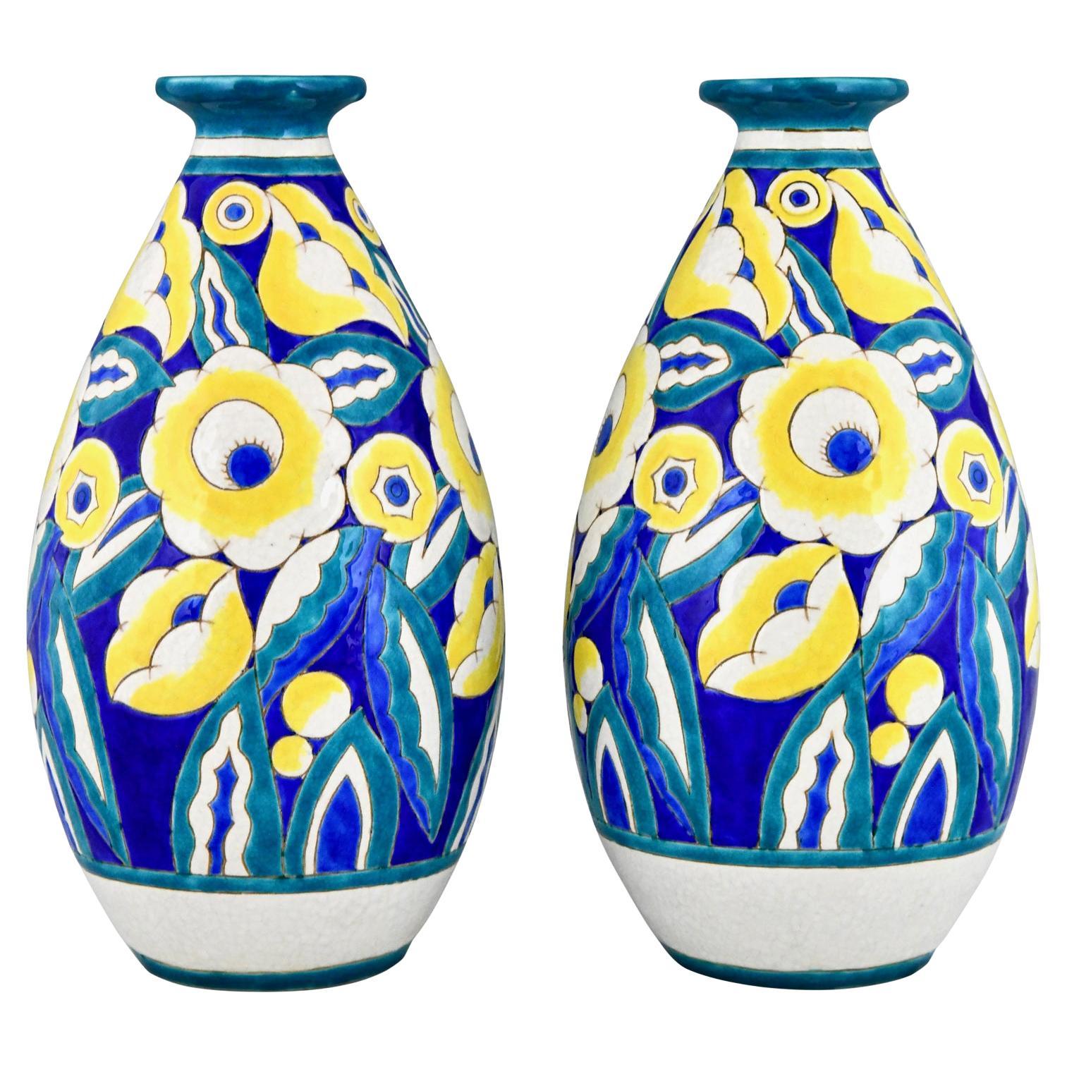 Pair of Art Deco Ceramic Vases with Flowers by Keramis, Belgium 1932 For Sale