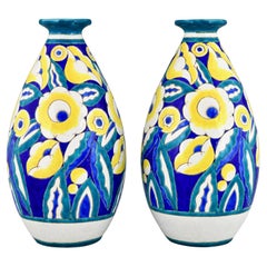 Vintage Pair of Art Deco Ceramic Vases with Flowers by Keramis, Belgium 1932