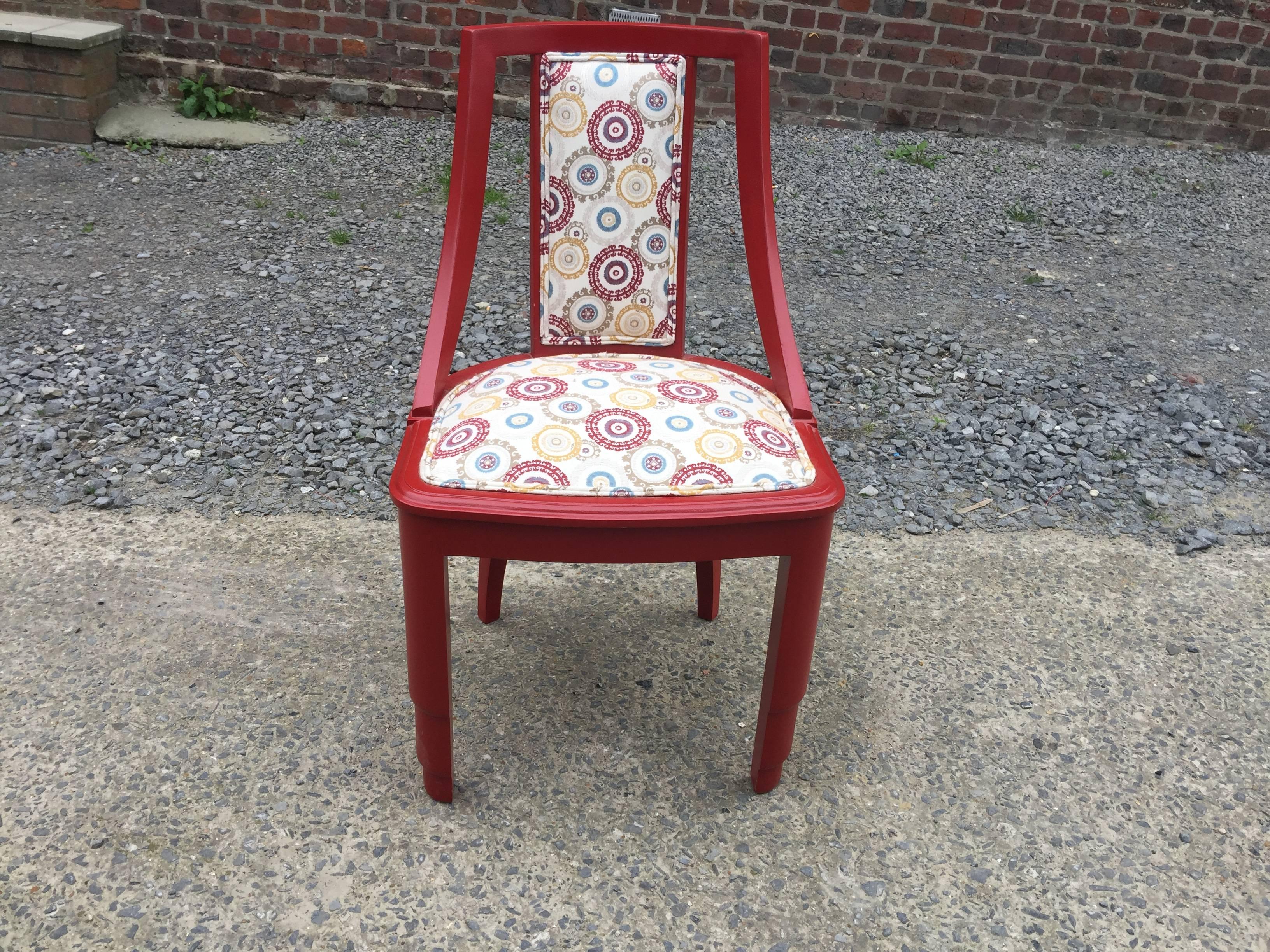Pair of Art Deco chairs circa 1930, relacquered and covered with new fabric.
good condition, a few lacks of paint.