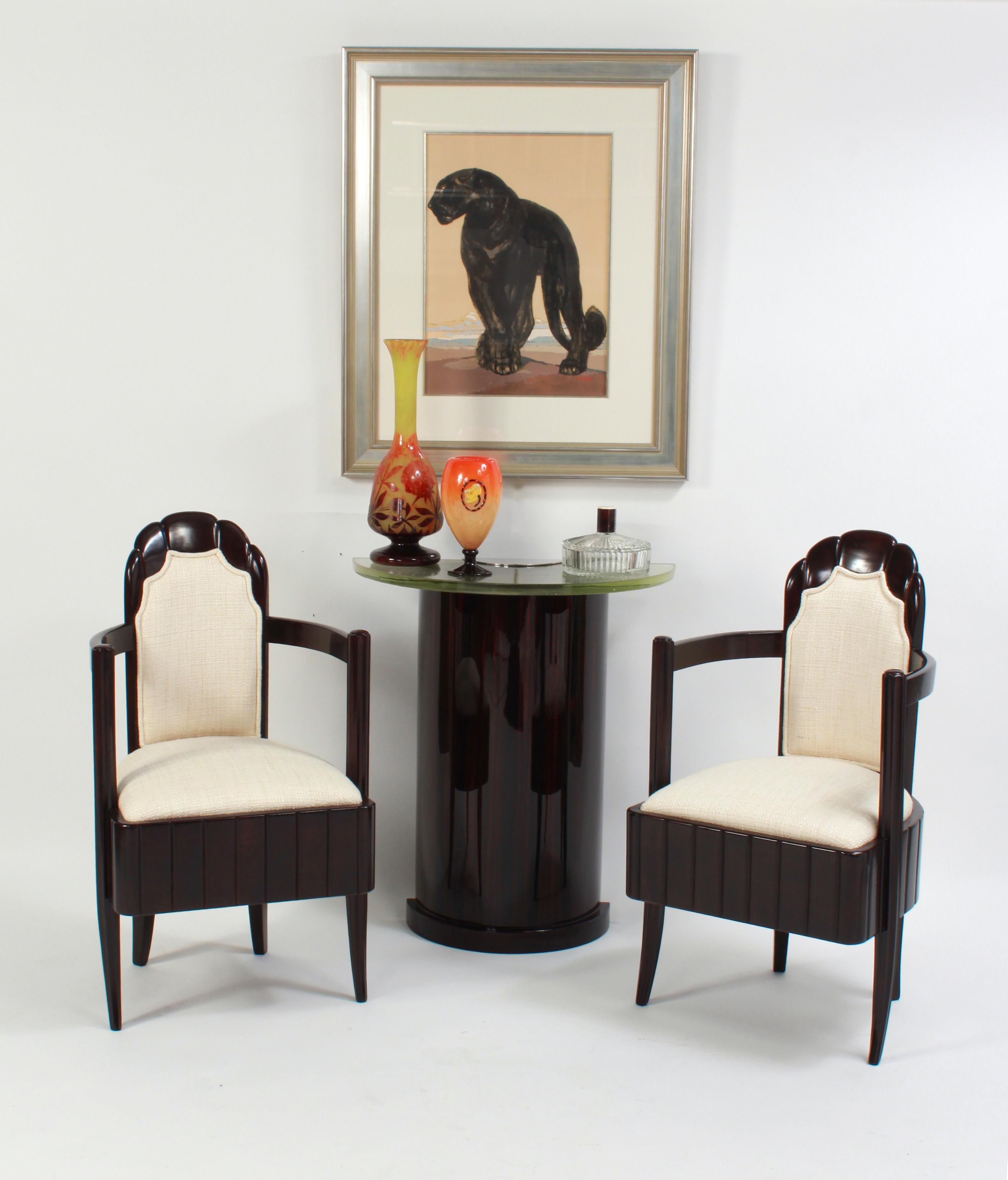 Pair of Art Deco solid mahogany armchairs designed by Pierre Patout and H. Pacon for the French ocean liner Île-de-France.
Made in France,
circa 1930
Reference: Art Deco by Pierre Kjellerg, page 262.