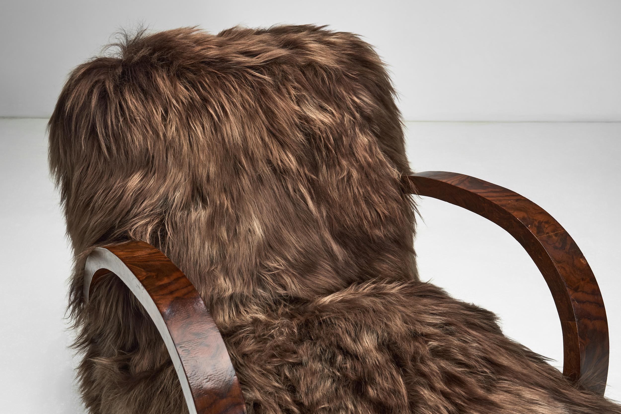 Pair of Art Deco Chairs in Longhair Sheepskin, Europe Mid 20th Century For Sale 8