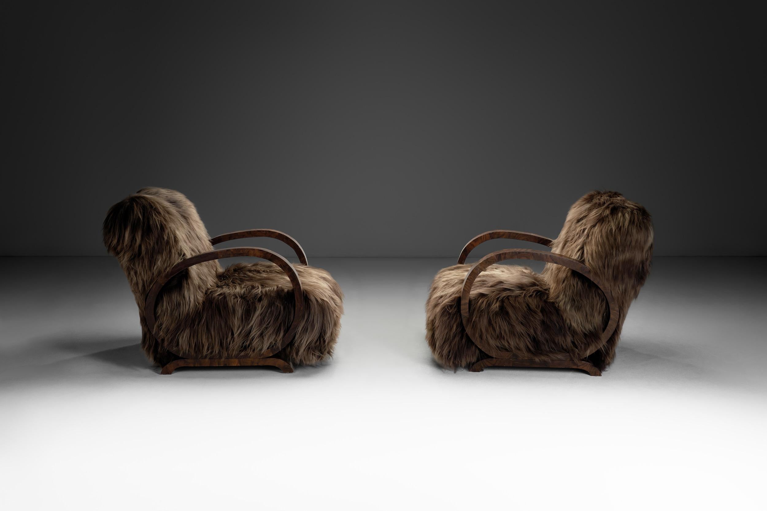 European Pair of Art Deco Chairs in Longhair Sheepskin, Europe Mid 20th Century For Sale
