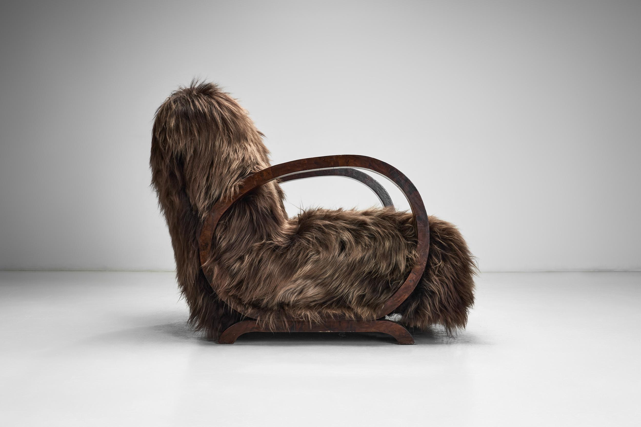 Pair of Art Deco Chairs in Longhair Sheepskin, Europe Mid 20th Century For Sale 3