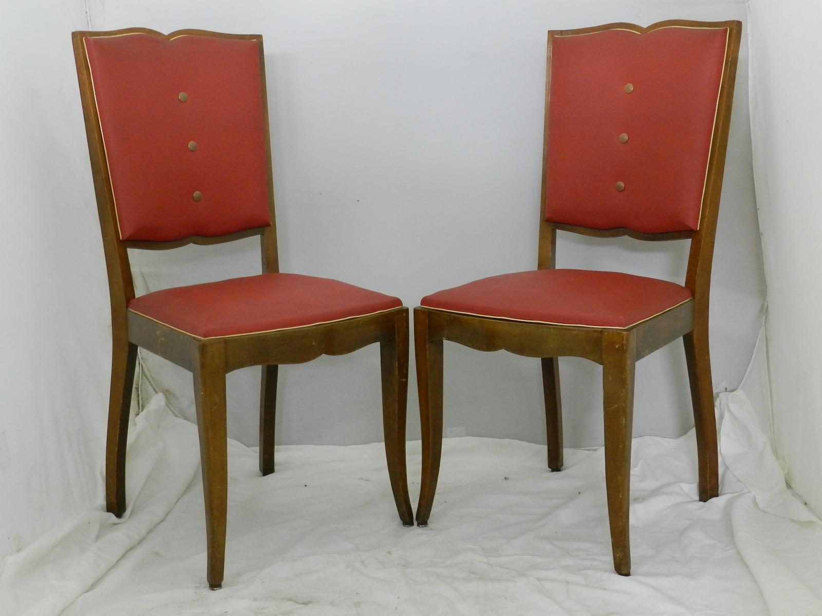 Pair of French Art Deco Moustache back chairs, circa 1930
Two side or dining chairs
Tufted button backs
Use as is or recover
Original vintage condition no holes
Frames are sound and solid.
 