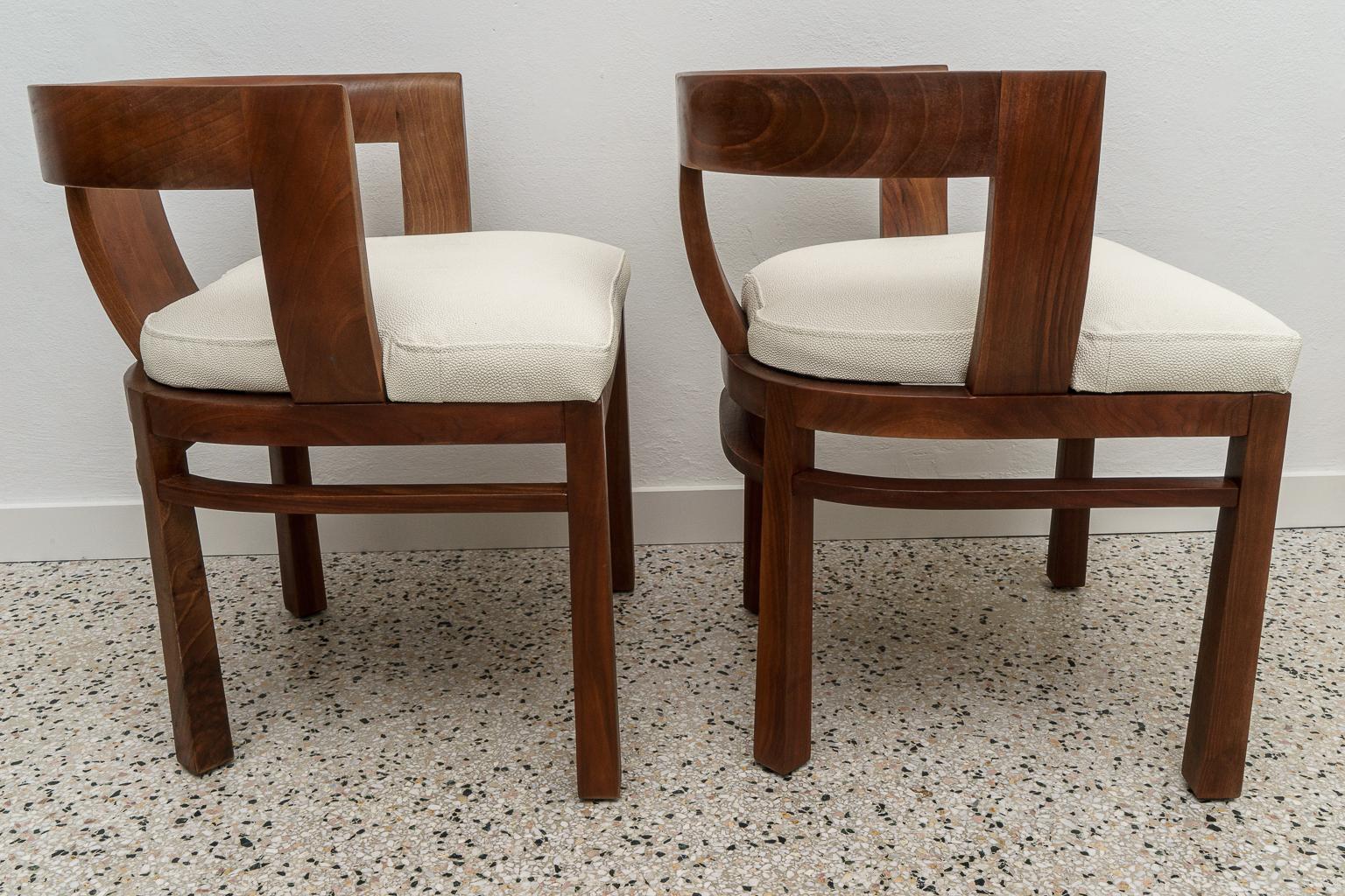Faux Leather Pair of Carl Bergsten Style Teak Arm Chairs For Sale