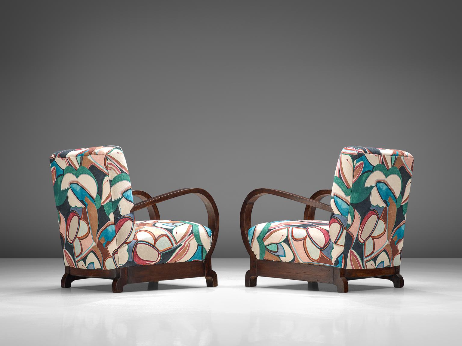 Lacquered Pair of Art Deco Chairs Reupholstered with a Floral Dedar Fabric