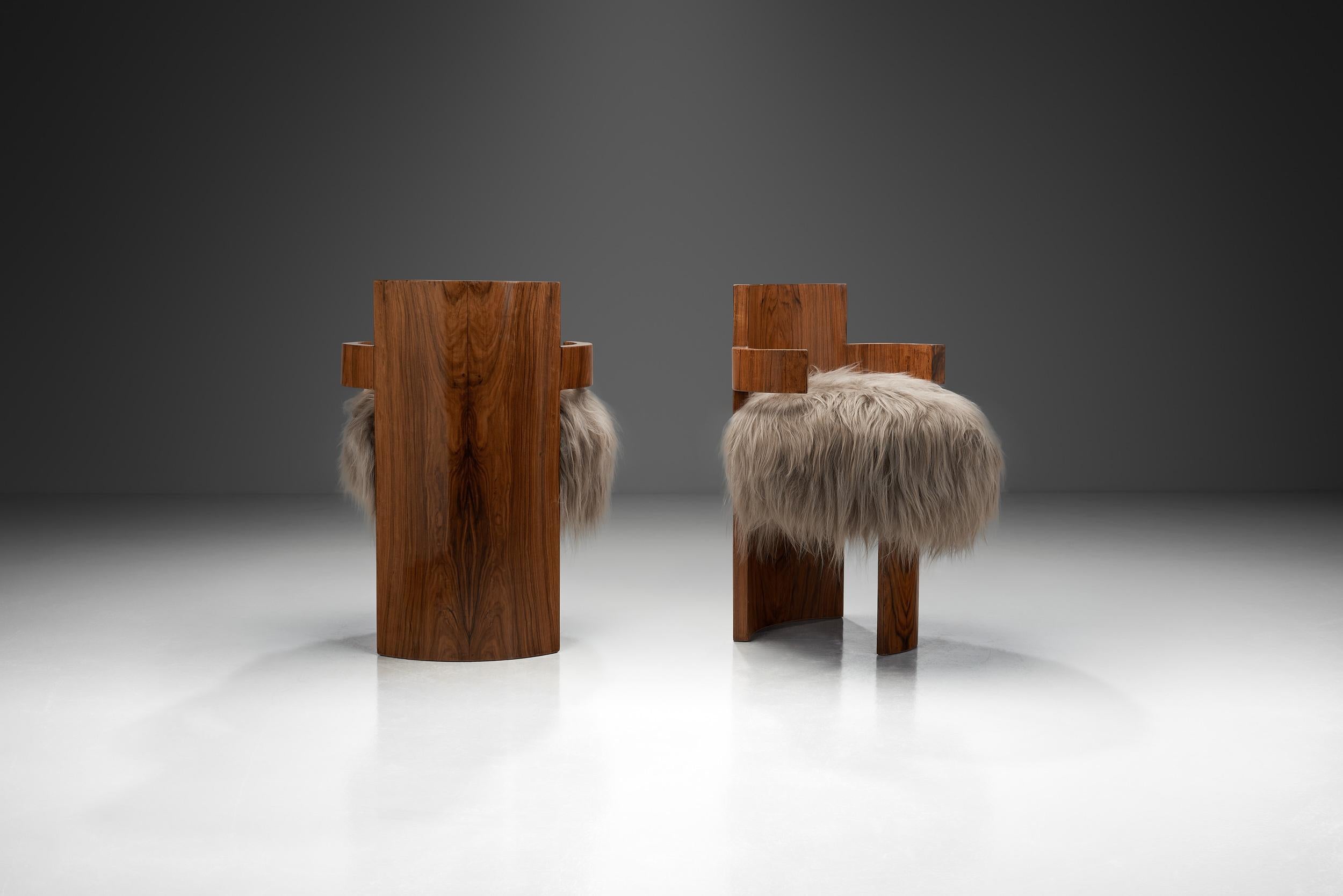 European Pair of Art Deco Chairs with Seats in Longhair Fabric, Europe 1930s For Sale