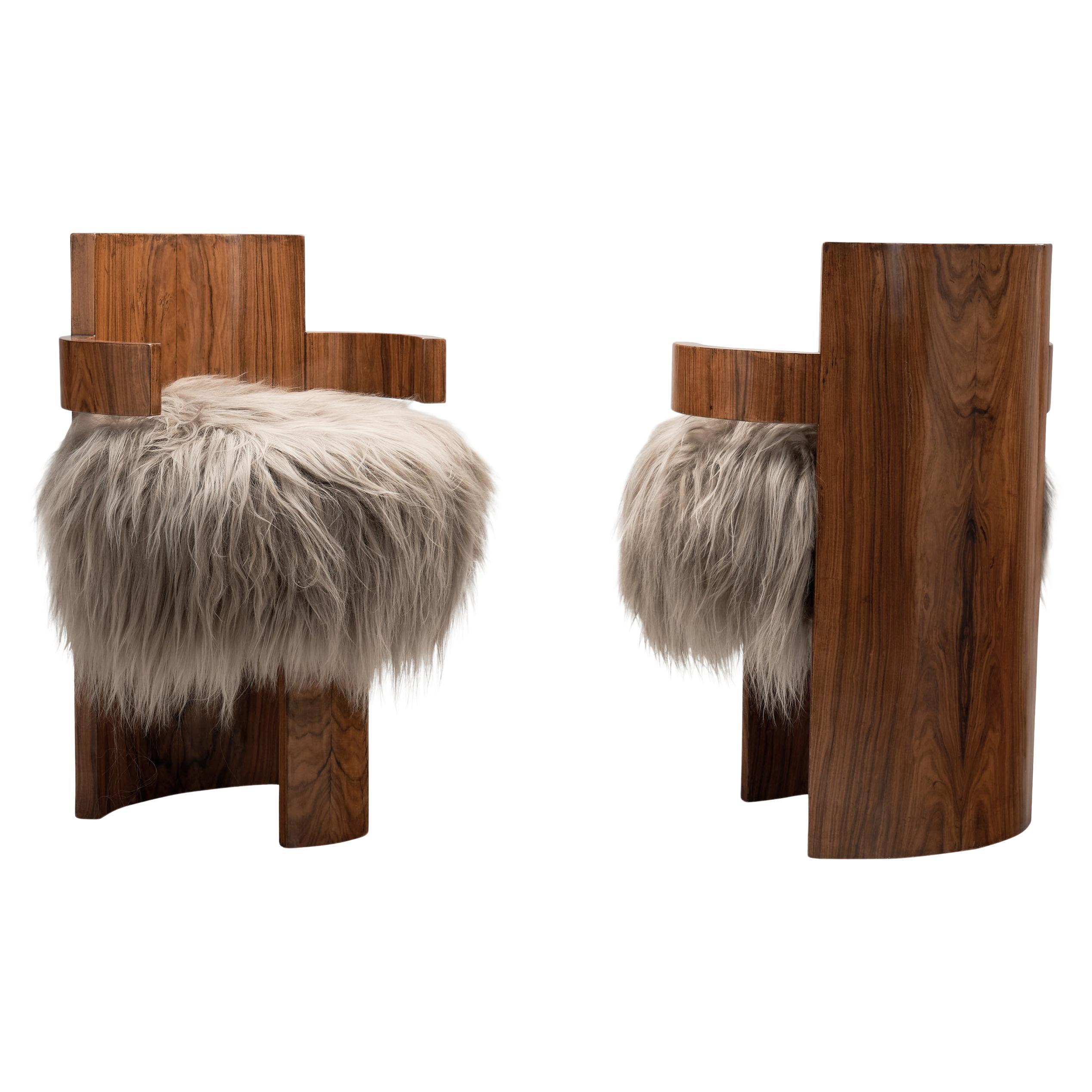 Pair of Art Deco Chairs with Seats in Longhair Fabric, Europe 1930s