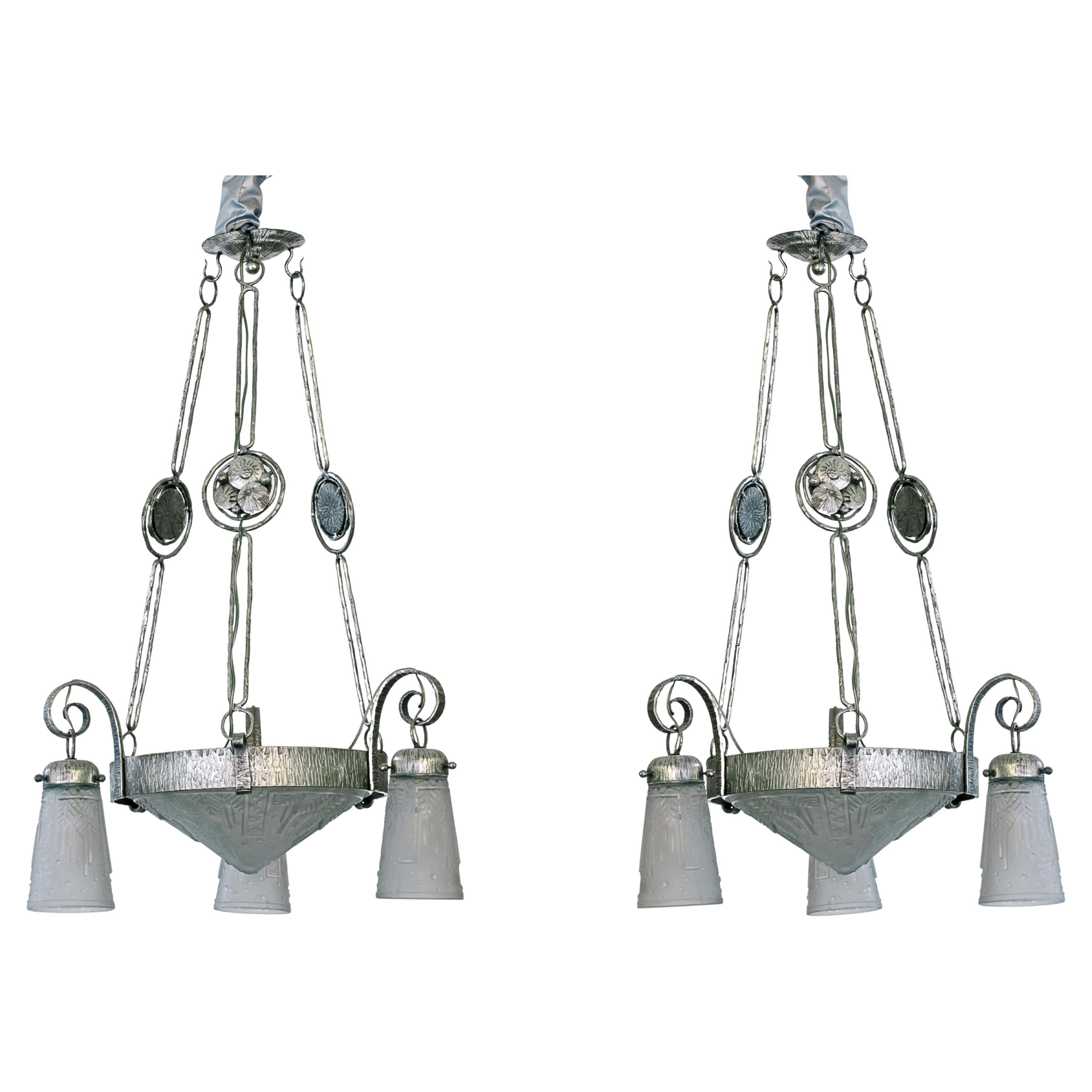 Pair of Art Deco Chandeliers by Muller Frères For Sale