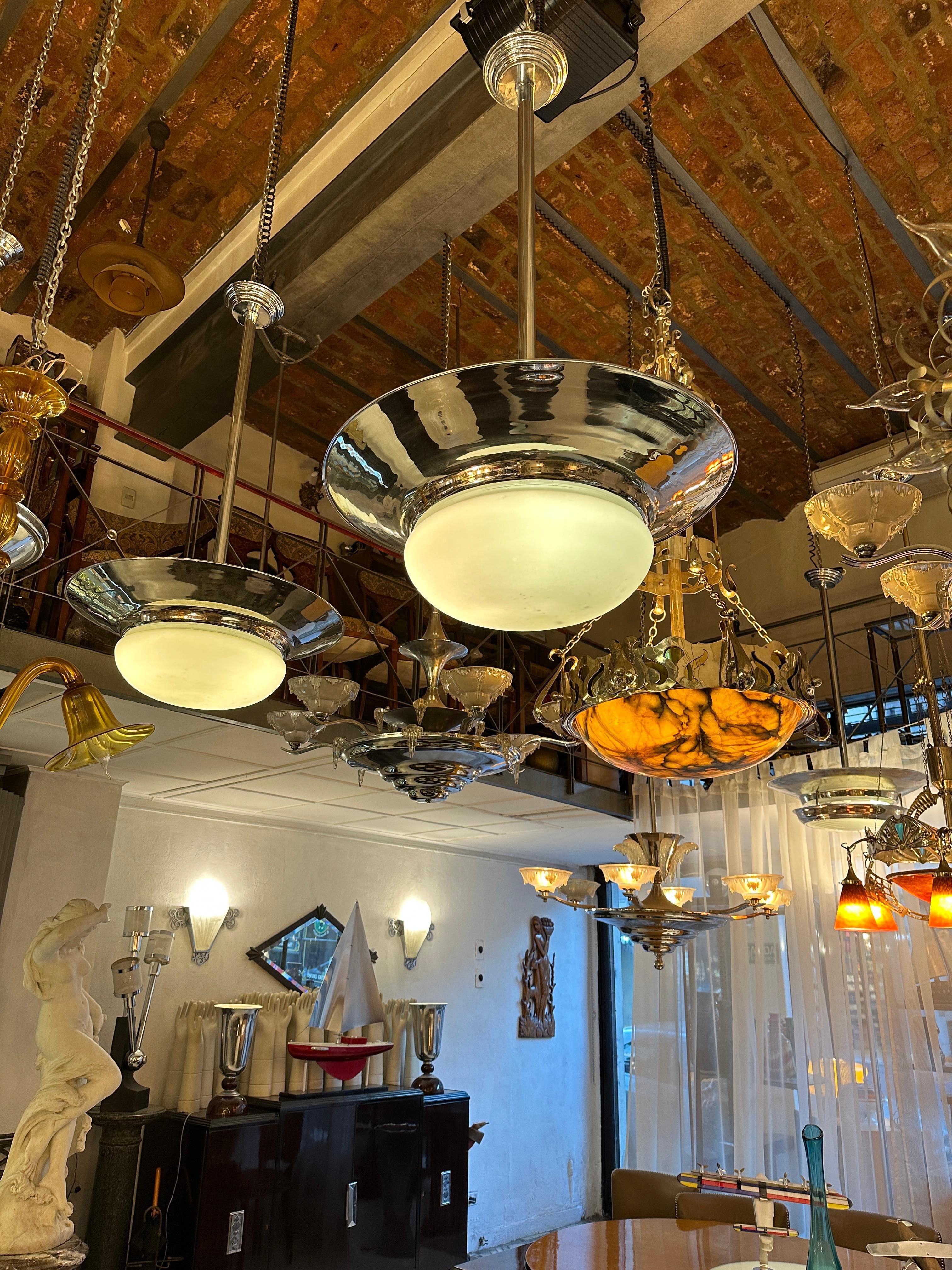 Pair of Art Deco Chandeliers in Opaline and Chrome, 1930 For Sale 11