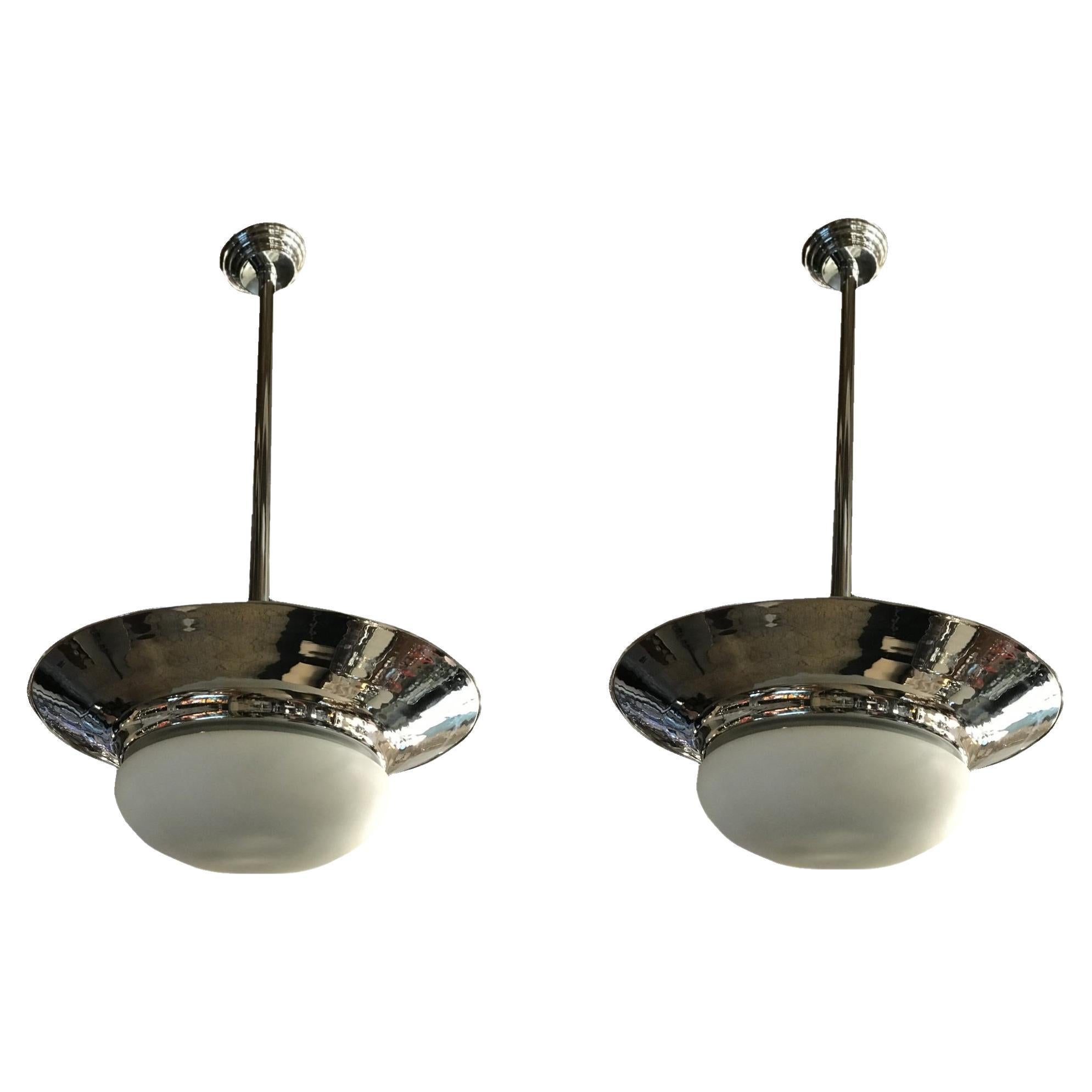 Pair of Art Deco Chandeliers in Opaline and Chrome, 1930 For Sale