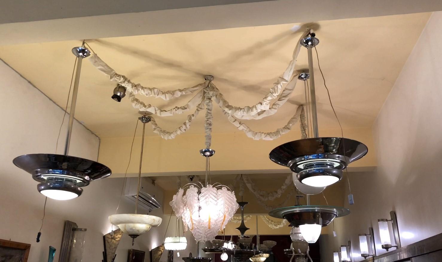 Pair of Art Deco Chandeliers in Opaline and Chrome, Style, 1935 For Sale 2