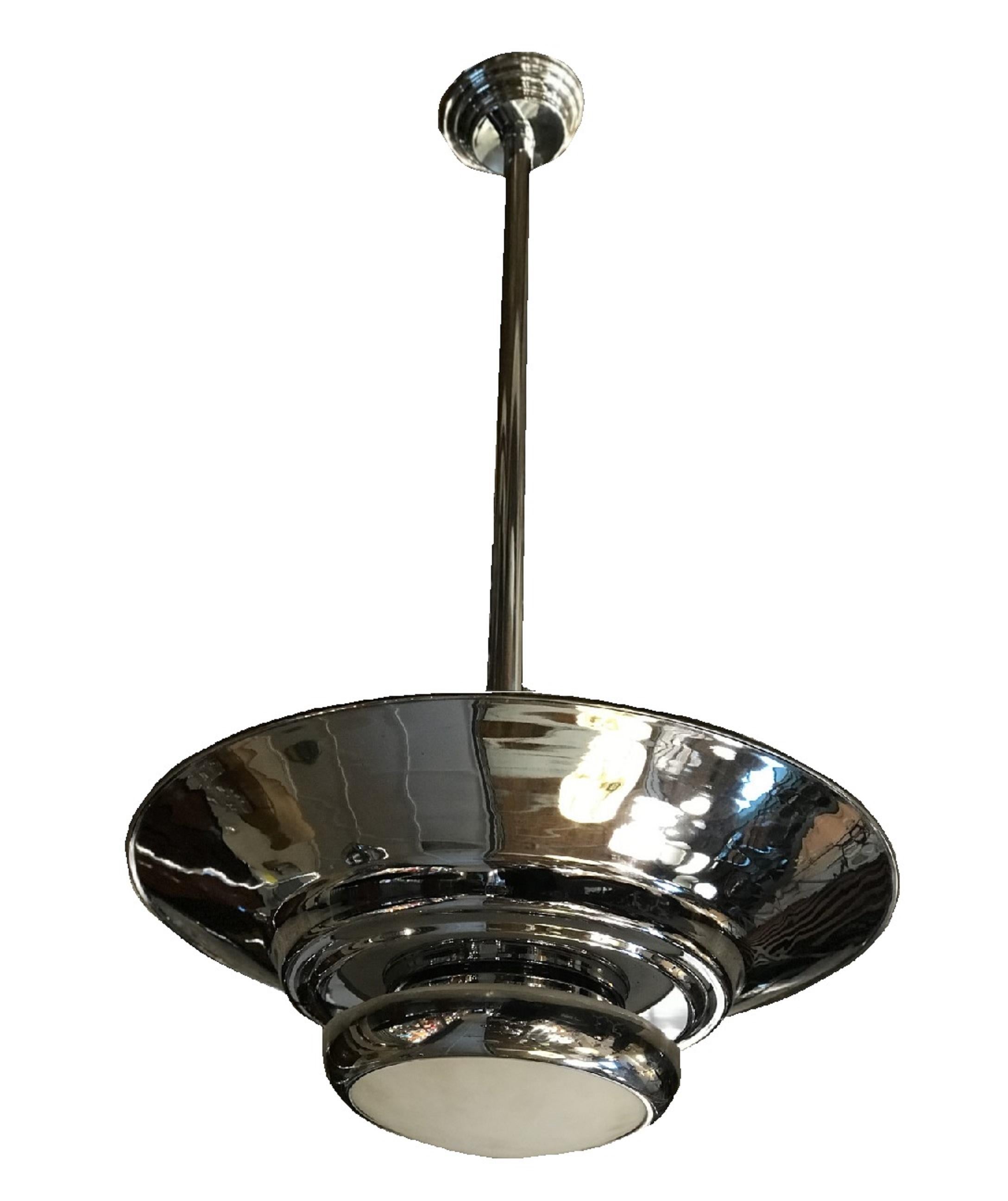 Pair of Art Deco Chandeliers in Opaline and Chrome, Style, 1935 For Sale 3