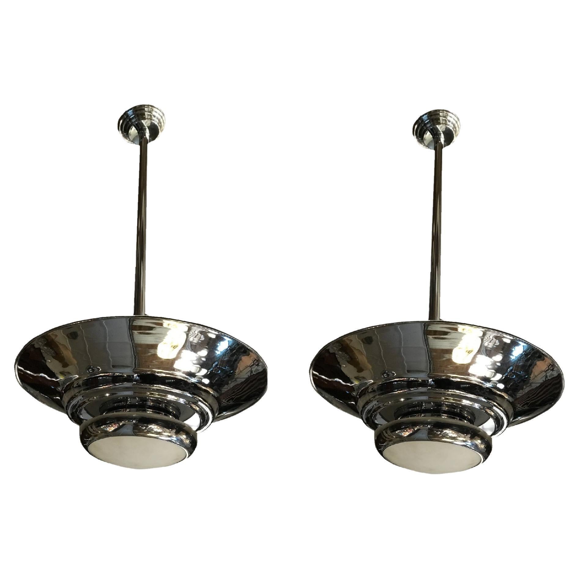 Pair of Art Deco Chandeliers in Opaline and Chrome, Style, 1935 For Sale