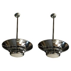 Vintage Pair of Art Deco Chandeliers in Opaline and Chrome, Style, 1935
