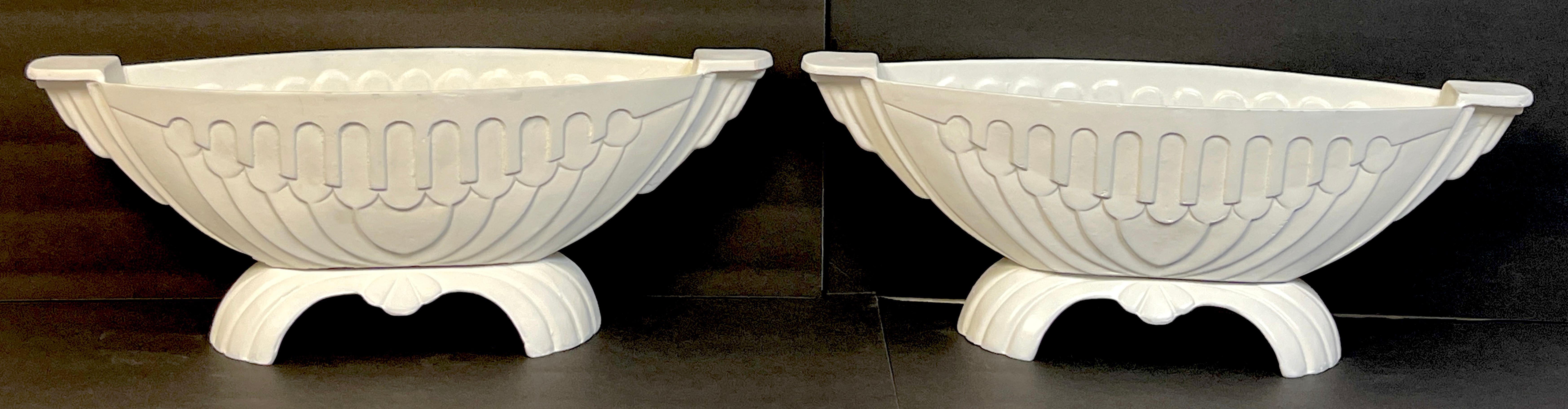 American Pair of Art Deco Channeled & Arch Design Oval Garden Urns For Sale