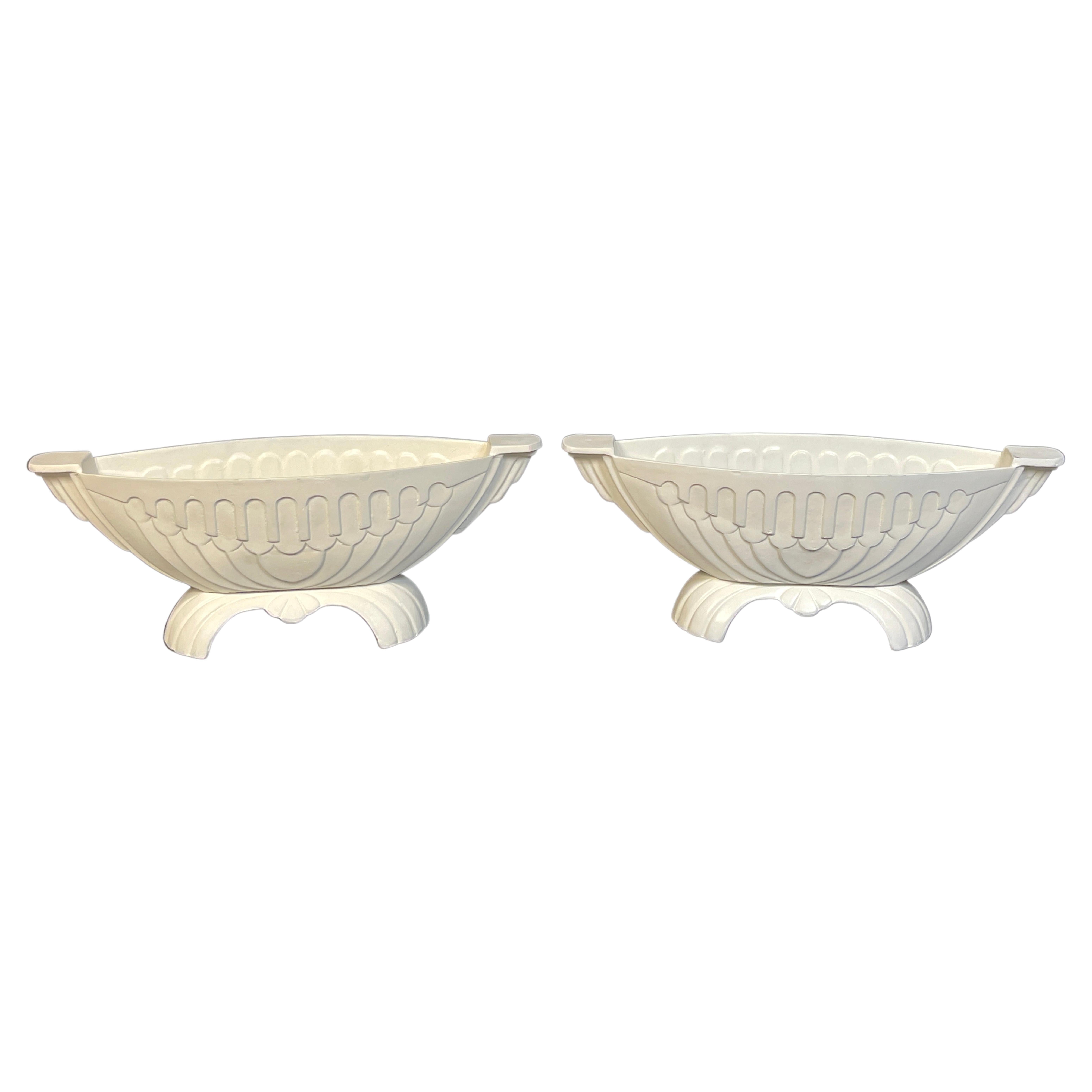 Pair of Art Deco Channeled & Arch Design Oval Garden Urns For Sale