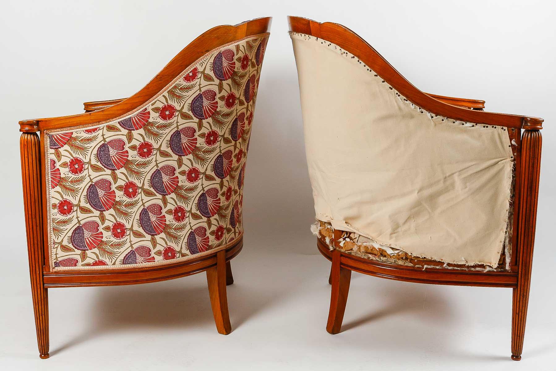 Pair of Art Deco cherrywood armchairs, 1930.

Pair of Art Deco period armchairs, circa 1930, in cherrywood carved with stylized roses, fabric to be redone, upholstery in good condition, wood in very good condition.

Dimensions: h: 88cm, w: 68cm, d: