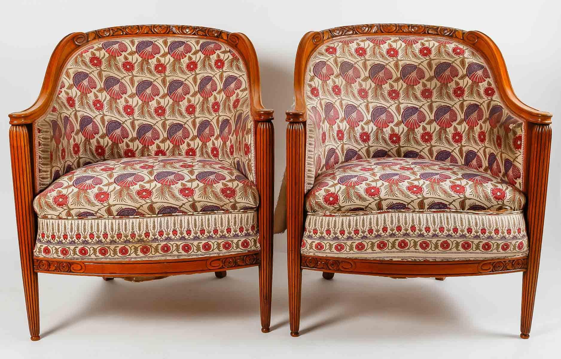 French Pair of Art Deco Cherrywood Armchairs, 1930