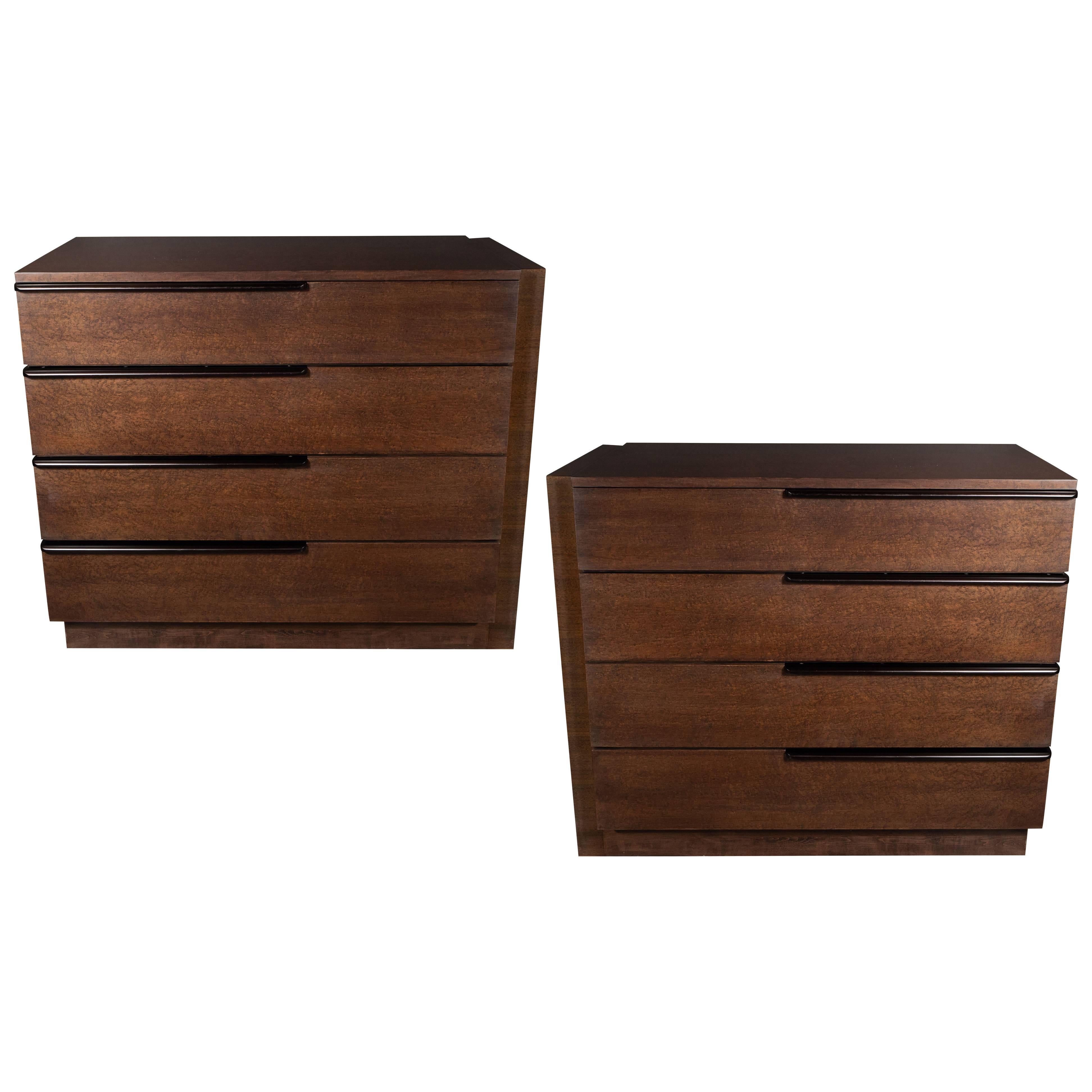 Gilbert Rohde for Herman Miller Art Deco Burled Acacia Chests w/ Ebonized Pulls