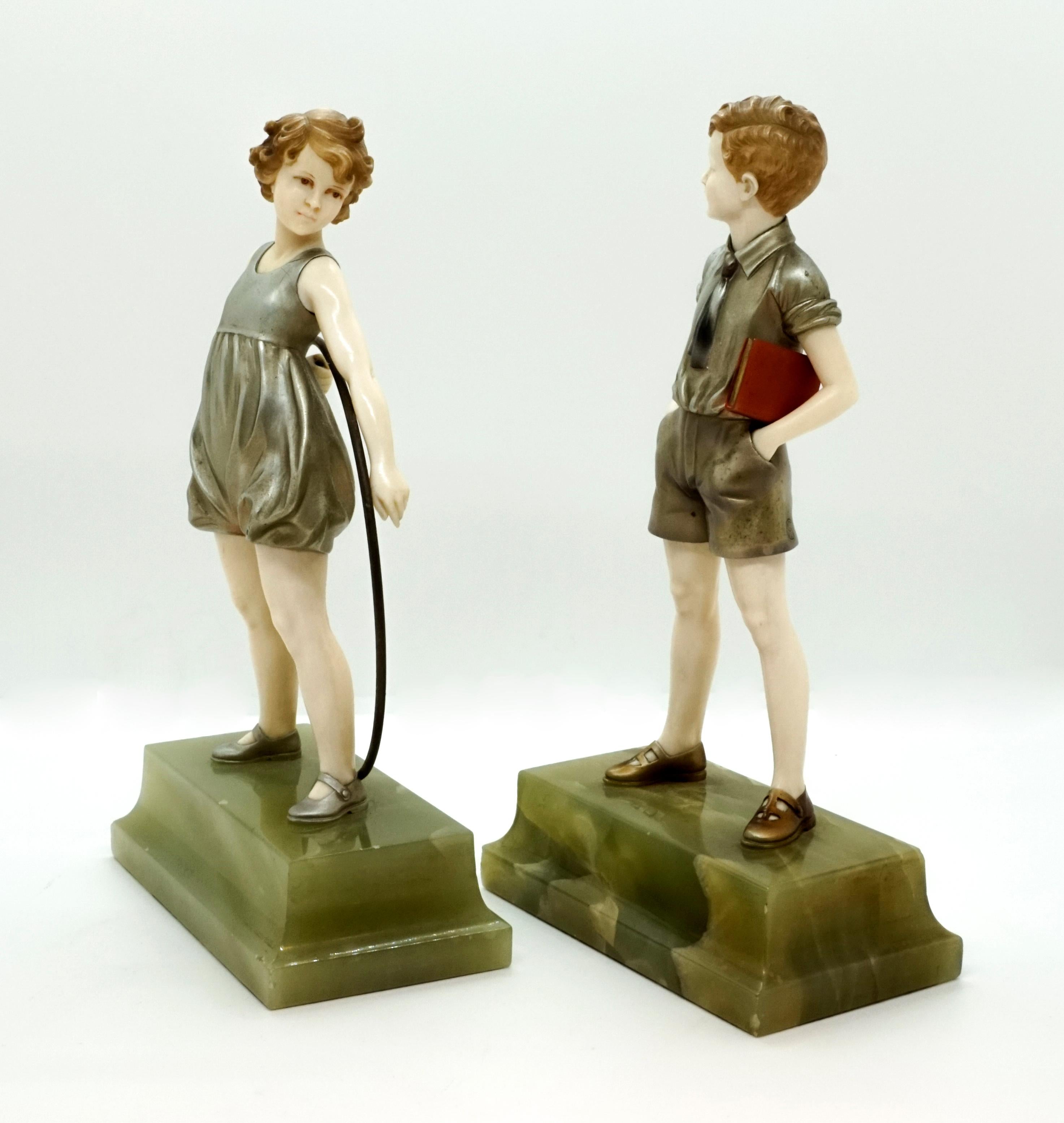 Austrian Pair of Art Deco Child Figurines 'Hoop Girl' & 'Sunny Boy' by Ferdinand Preiss