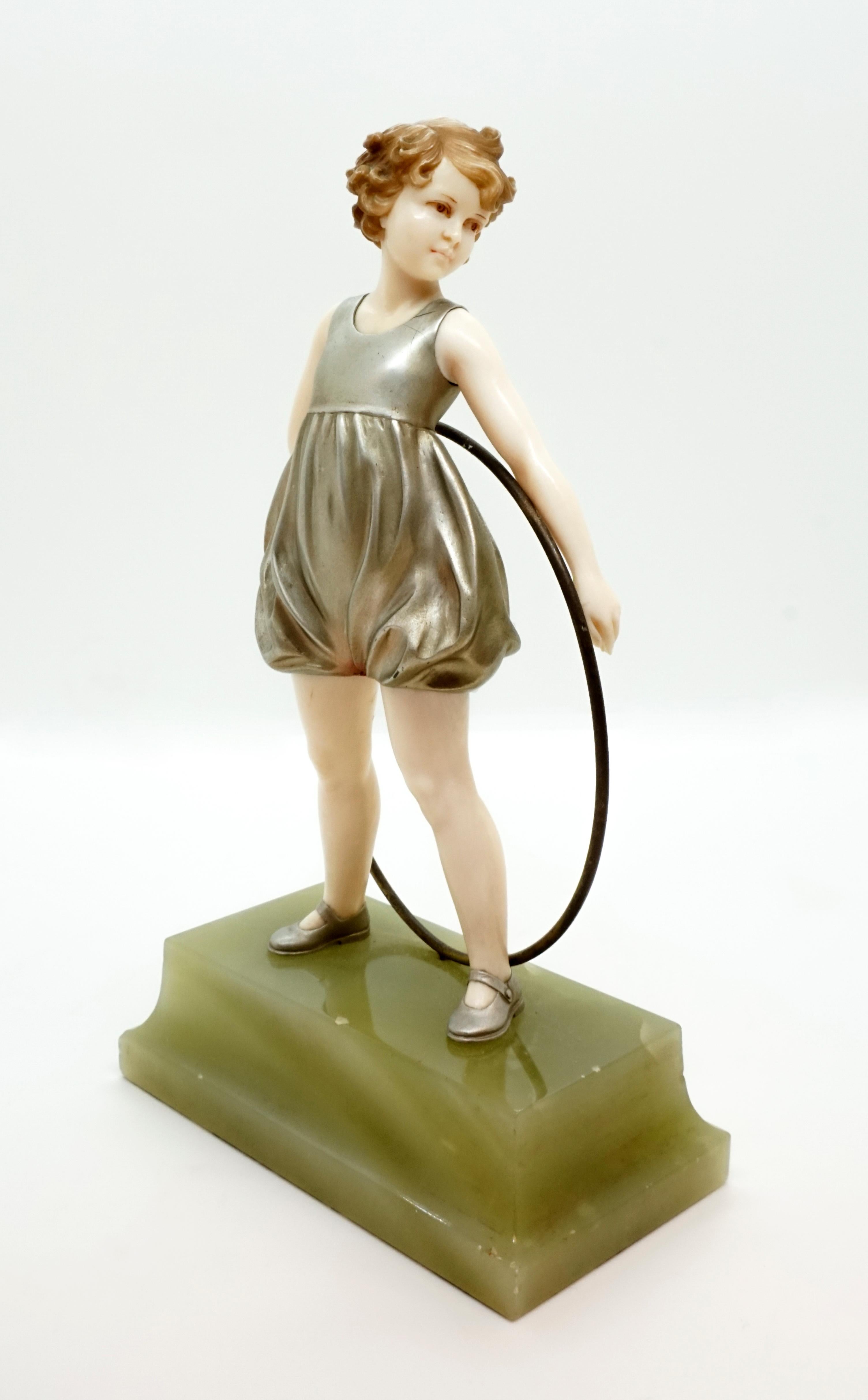 Early 20th Century Pair of Art Deco Child Figurines 'Hoop Girl' & 'Sunny Boy' by Ferdinand Preiss