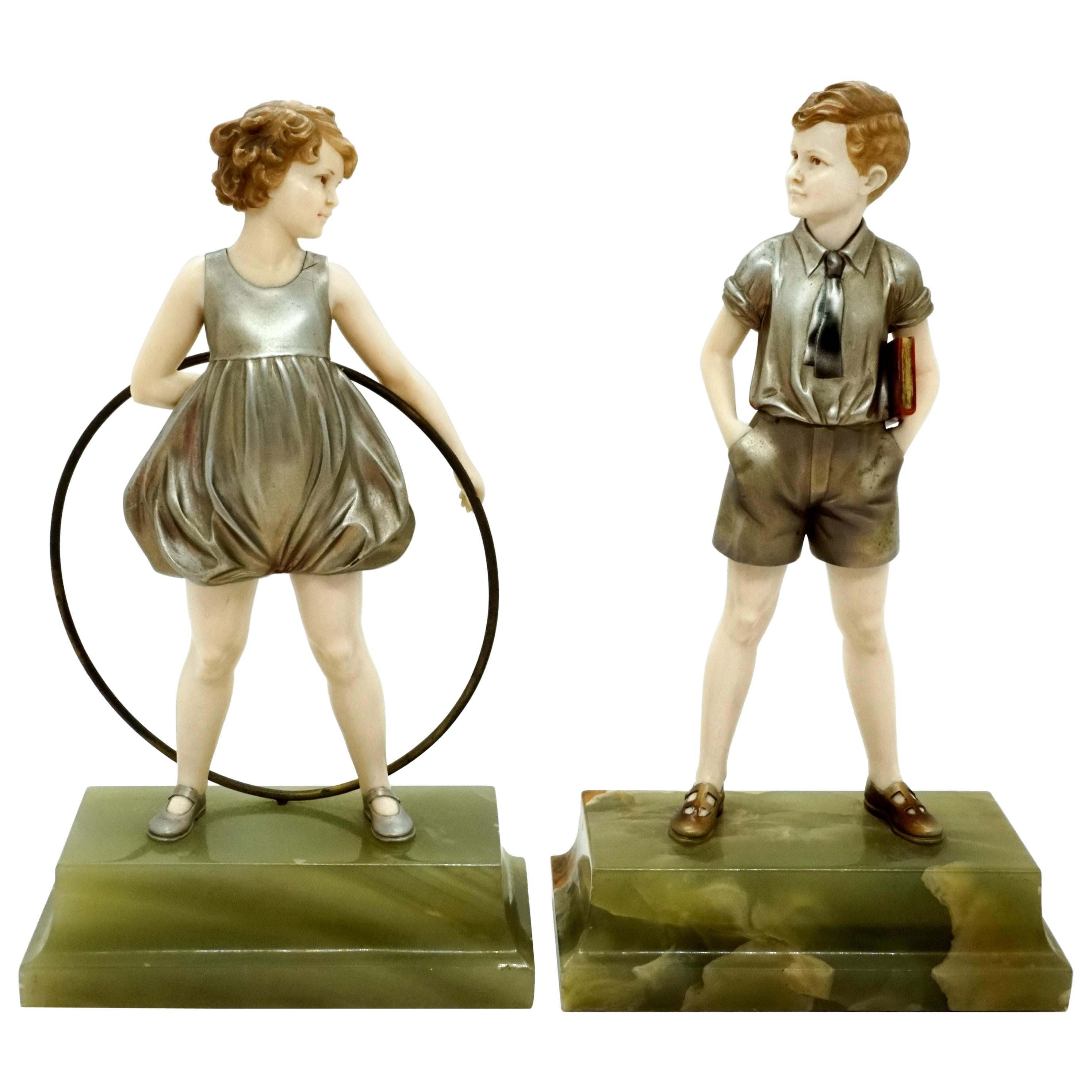 Pair of Art Deco Child Figurines 'Hoop Girl' & 'Sunny Boy' by Ferdinand Preiss